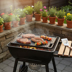 Plaque de cuisson réversible en fonte, pré-culottée, avec poignées et grille.