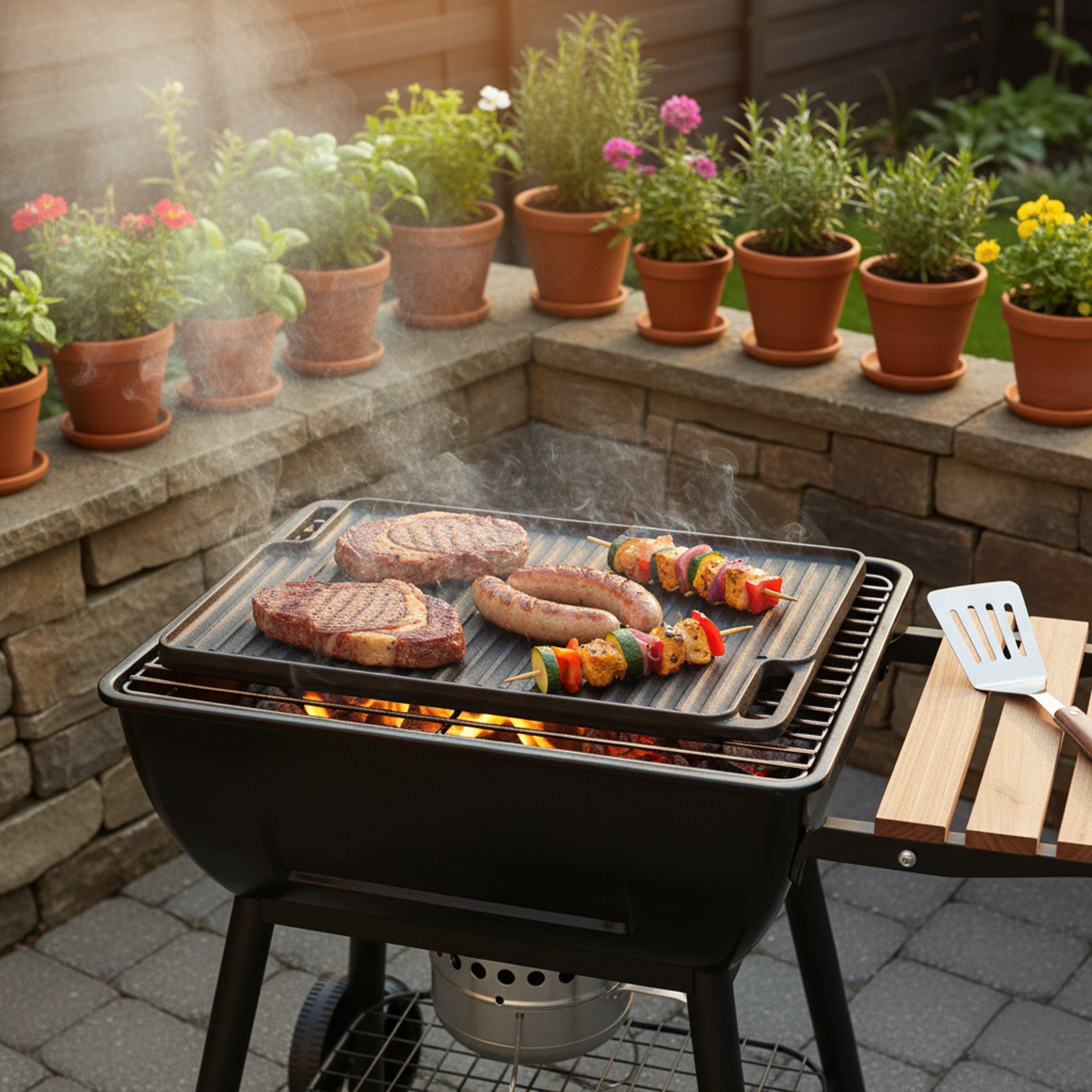 Plaque de cuisson réversible en fonte, pré-culottée, avec poignées et grille.