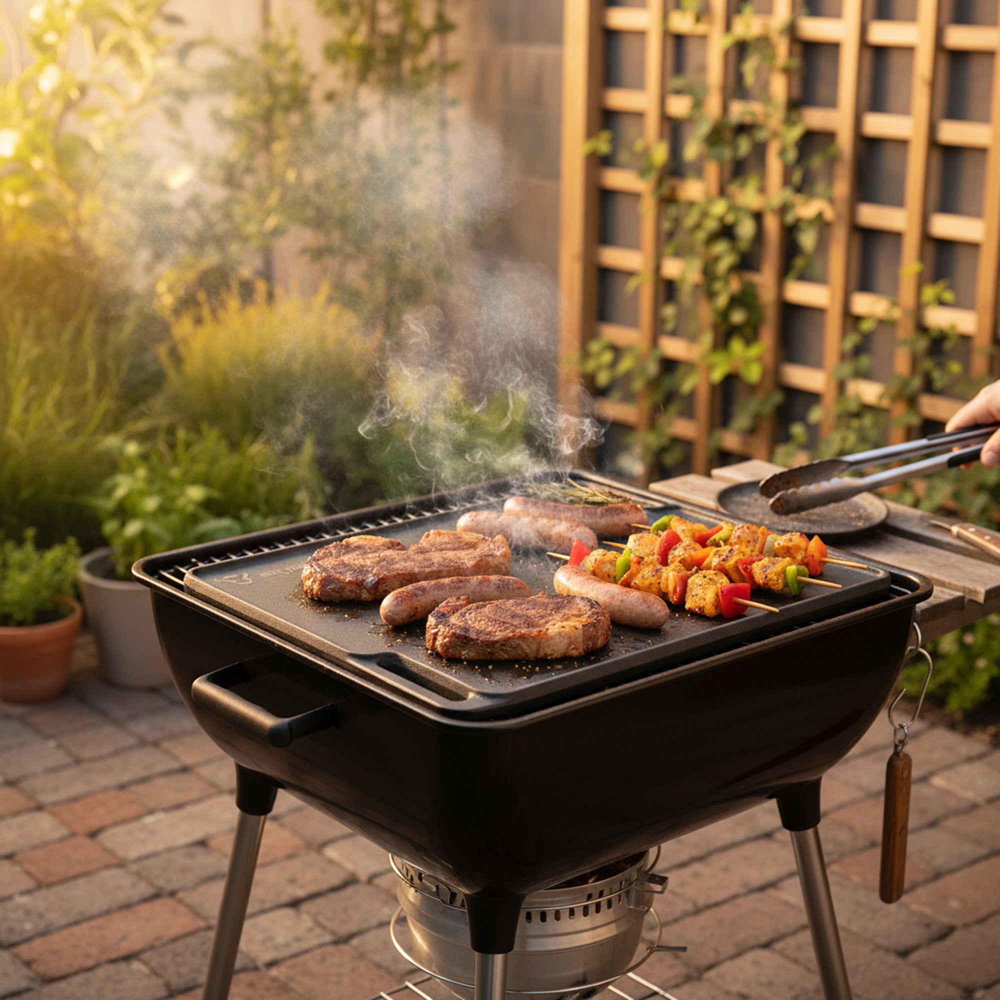 Plaque de cuisson réversible en fonte, pré-culottée, avec poignées et grille.