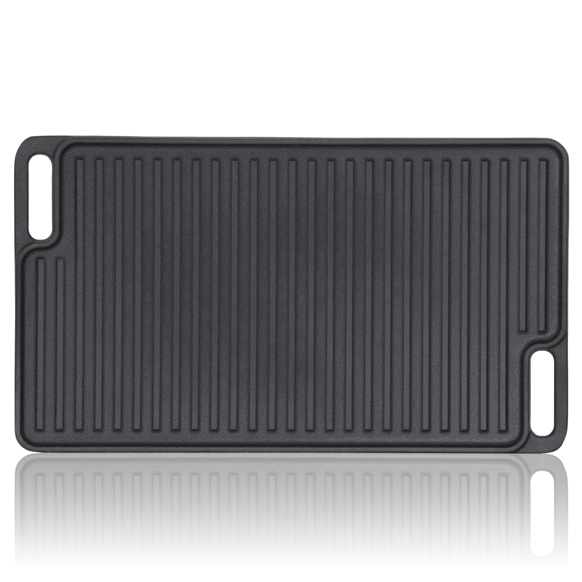 Plaque de cuisson réversible en fonte, pré-culottée, avec poignées et grille.