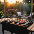 Plaque de cuisson réversible en fonte, pré-culottée, avec poignées et grille.