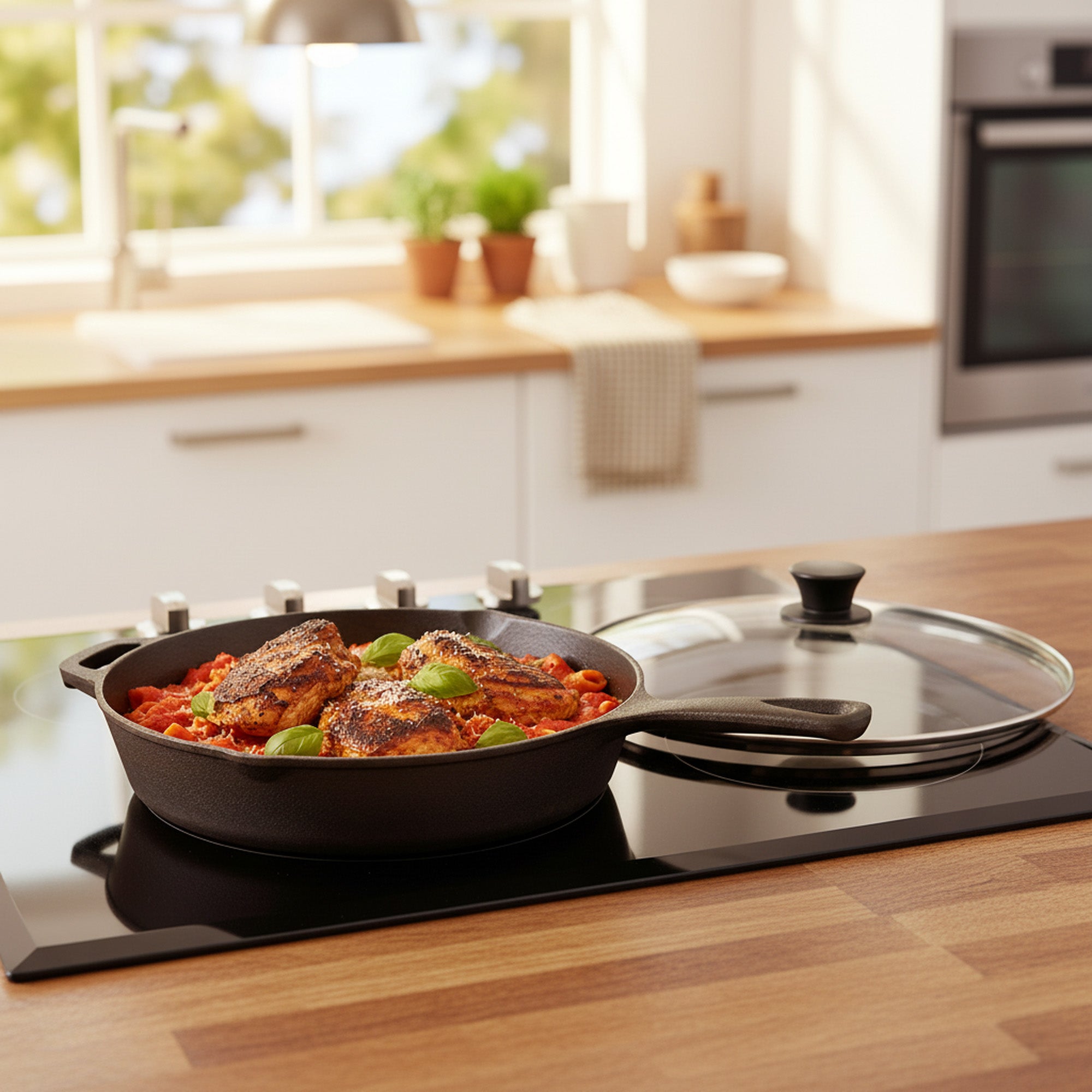 Cast iron pan, polished, with two spouts, including lid.