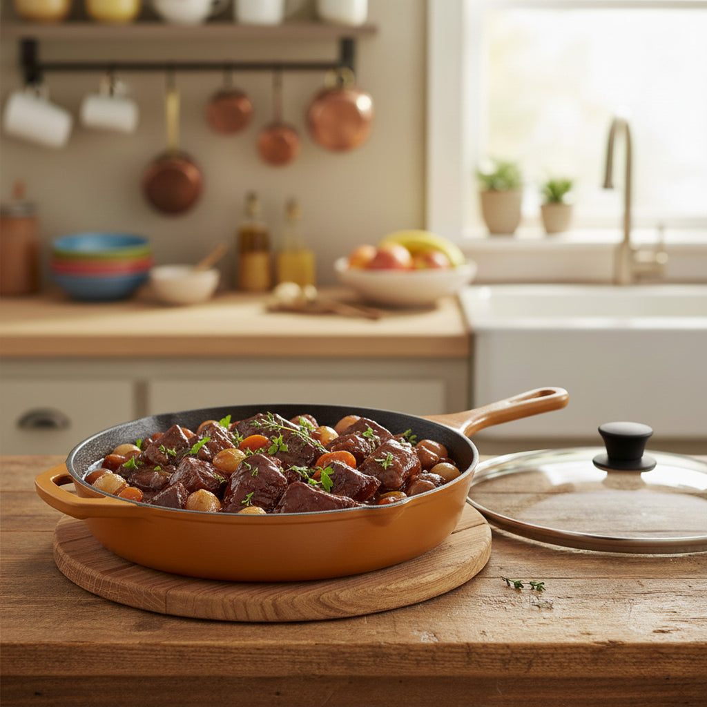 Cast iron pan, enamelled, Ø 29.5 cm, two spouts, including lid