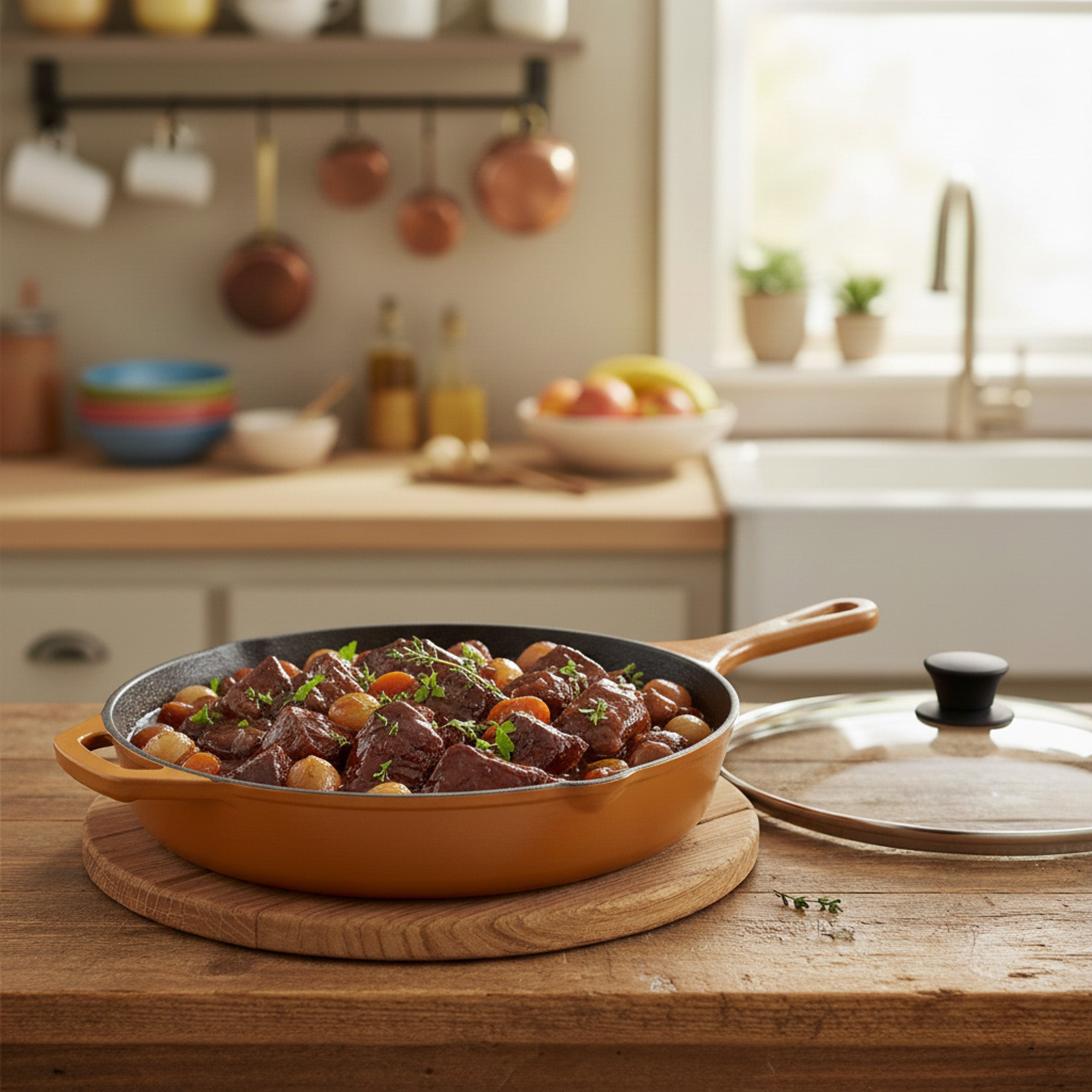 Cast iron pan, enamelled, Ø 29.5 cm, two spouts, including lid