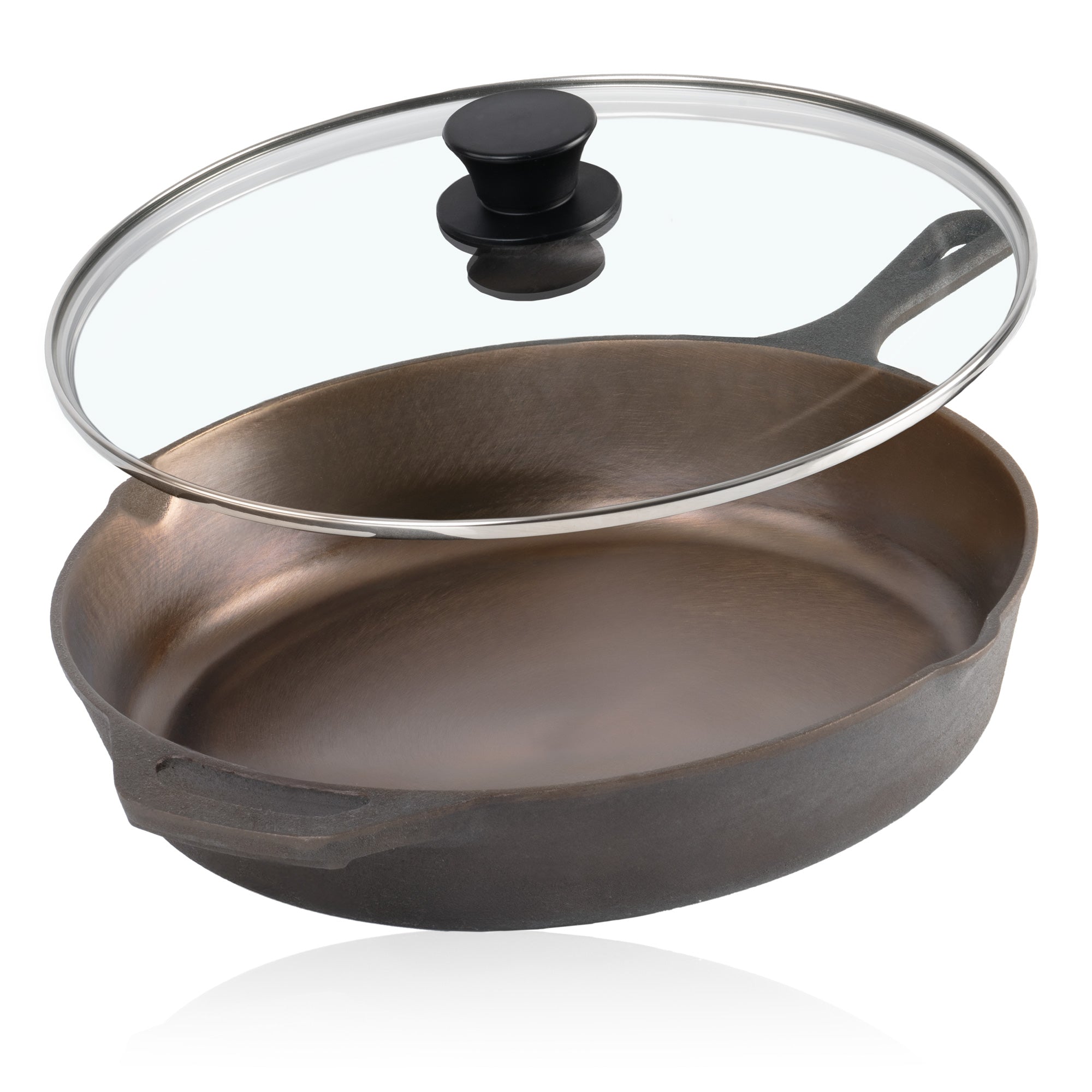 Cast iron pan, polished, with two spouts, including lid.