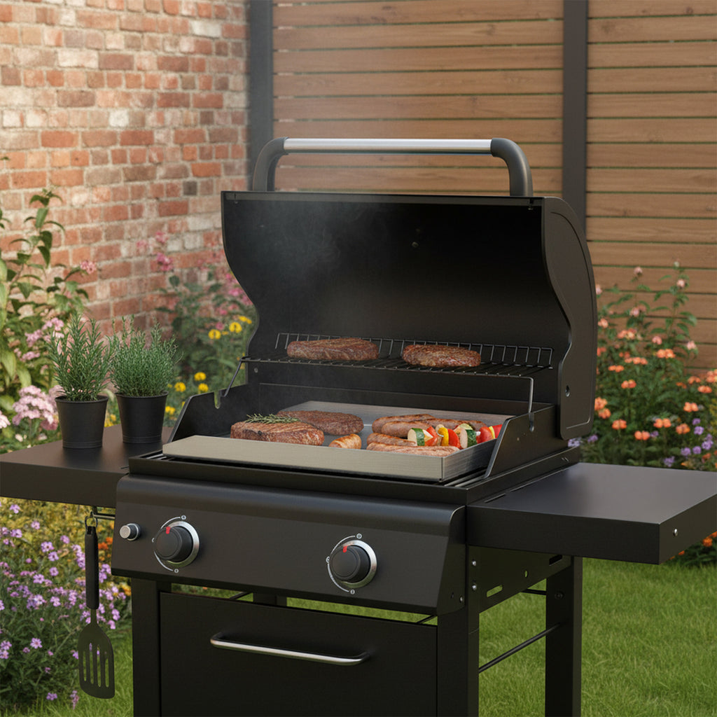 Plancha en inox avec égouttoir d'angle et plateau de cuisson