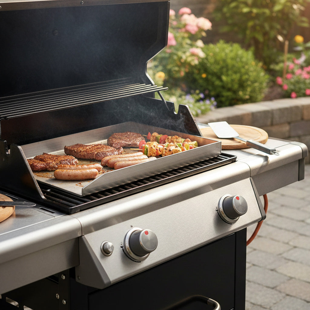 Plancha en inox avec égouttoir d'angle et plateau de cuisson