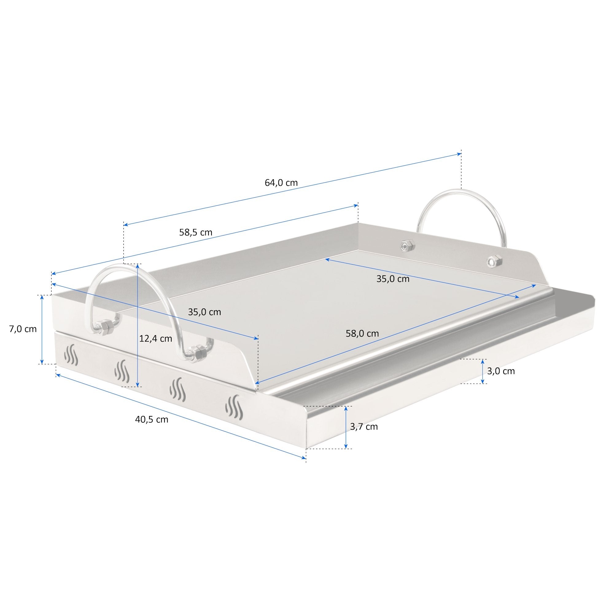 Plancha, Edelstahl, mit Griffen und Ablaufrinne