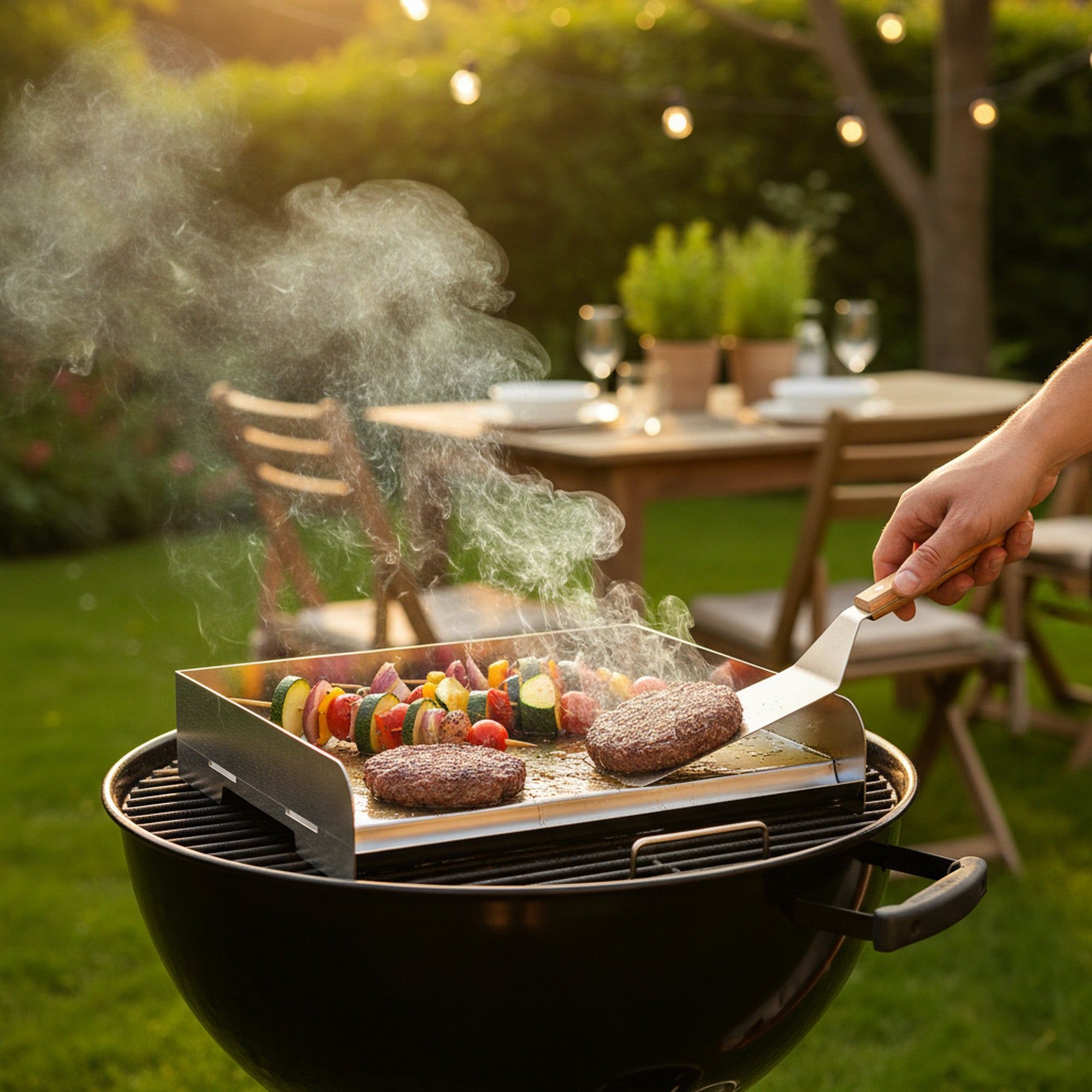 Plancha en acier inoxydable, comprenant spatule et rigole d'égouttage, plateau de cuisson