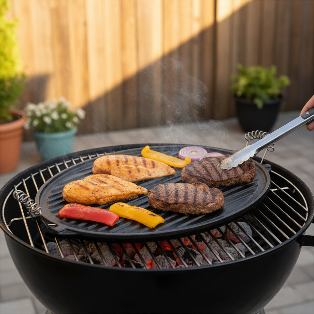 Reversible plate, cast iron, enamelled, with handles