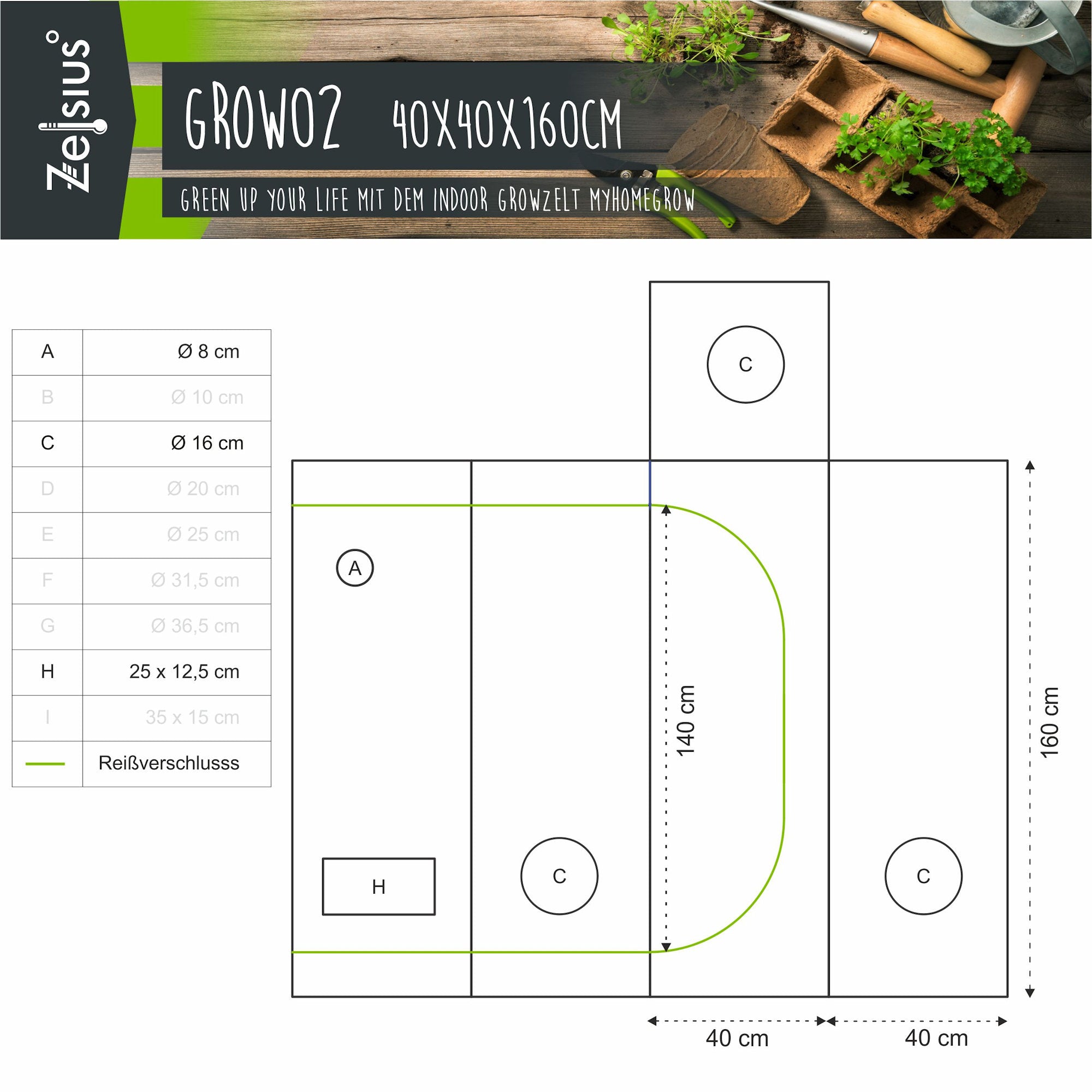 Zuchtzelt, 40 x 40 x 160 cm, Pflanzenzucht Indoor