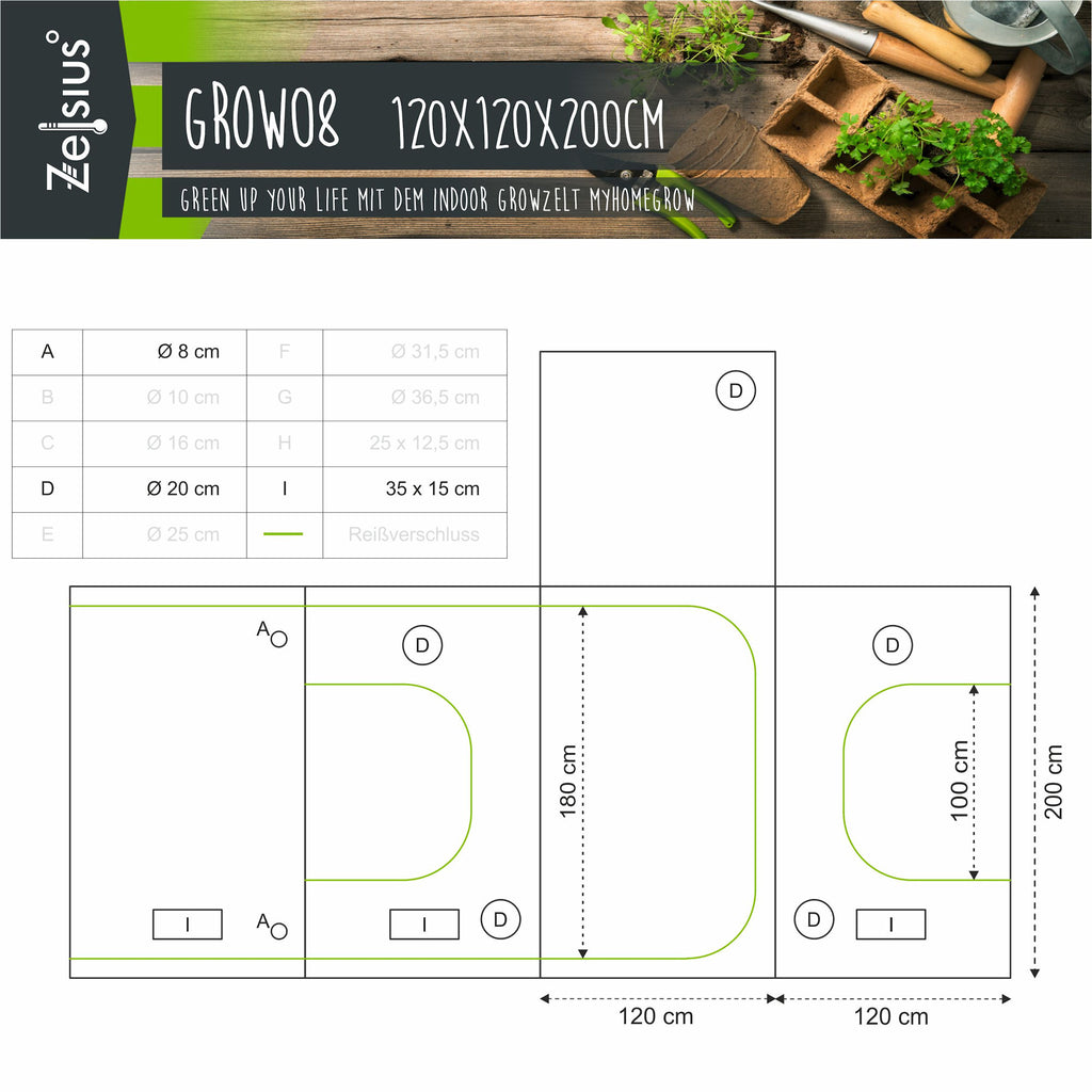Zuchtzelt, 120 x 120 x 200 cm, Pflanzenzucht Indoor