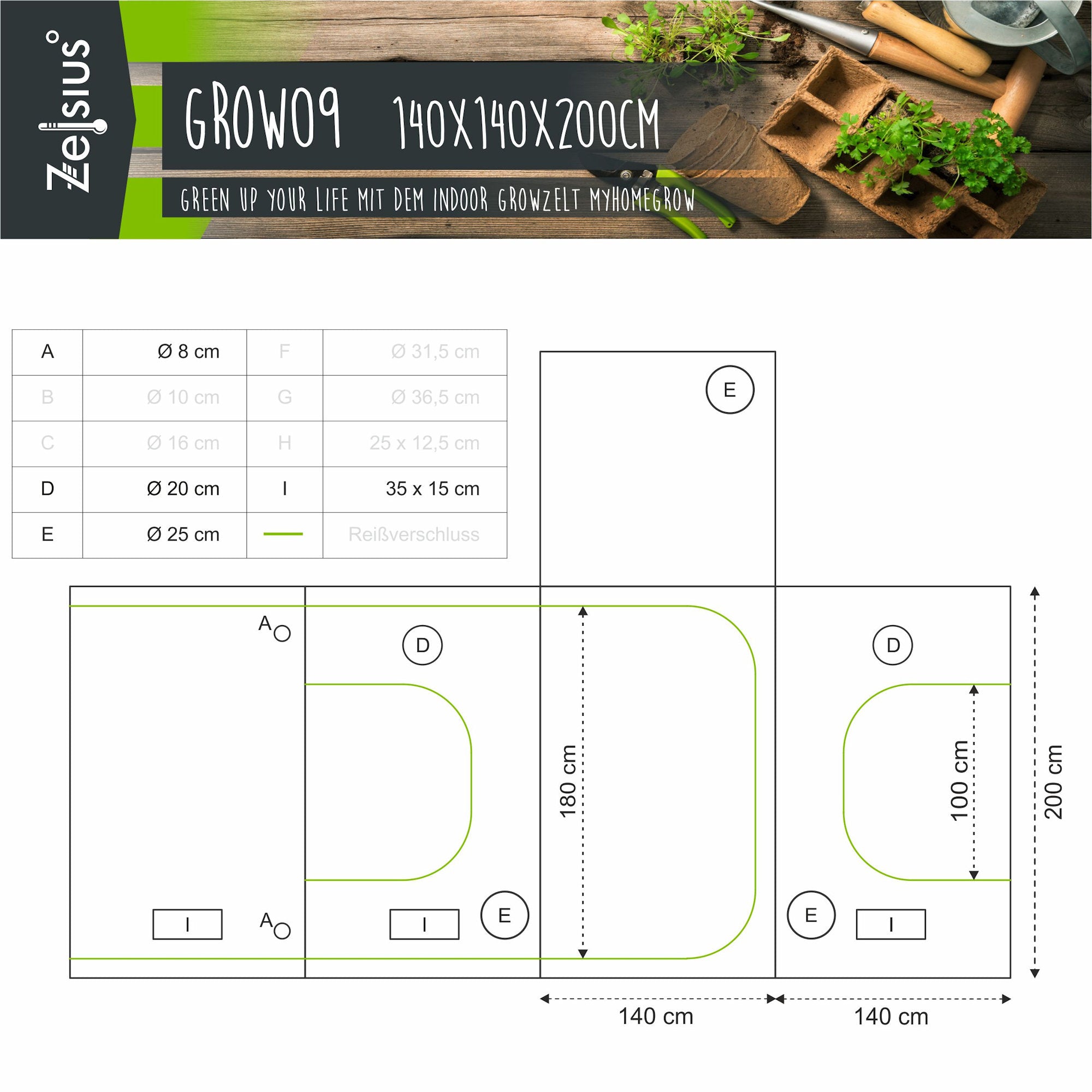 Zuchtzelt, 140 x 140 x 200 cm, Pflanzenzucht Indoor