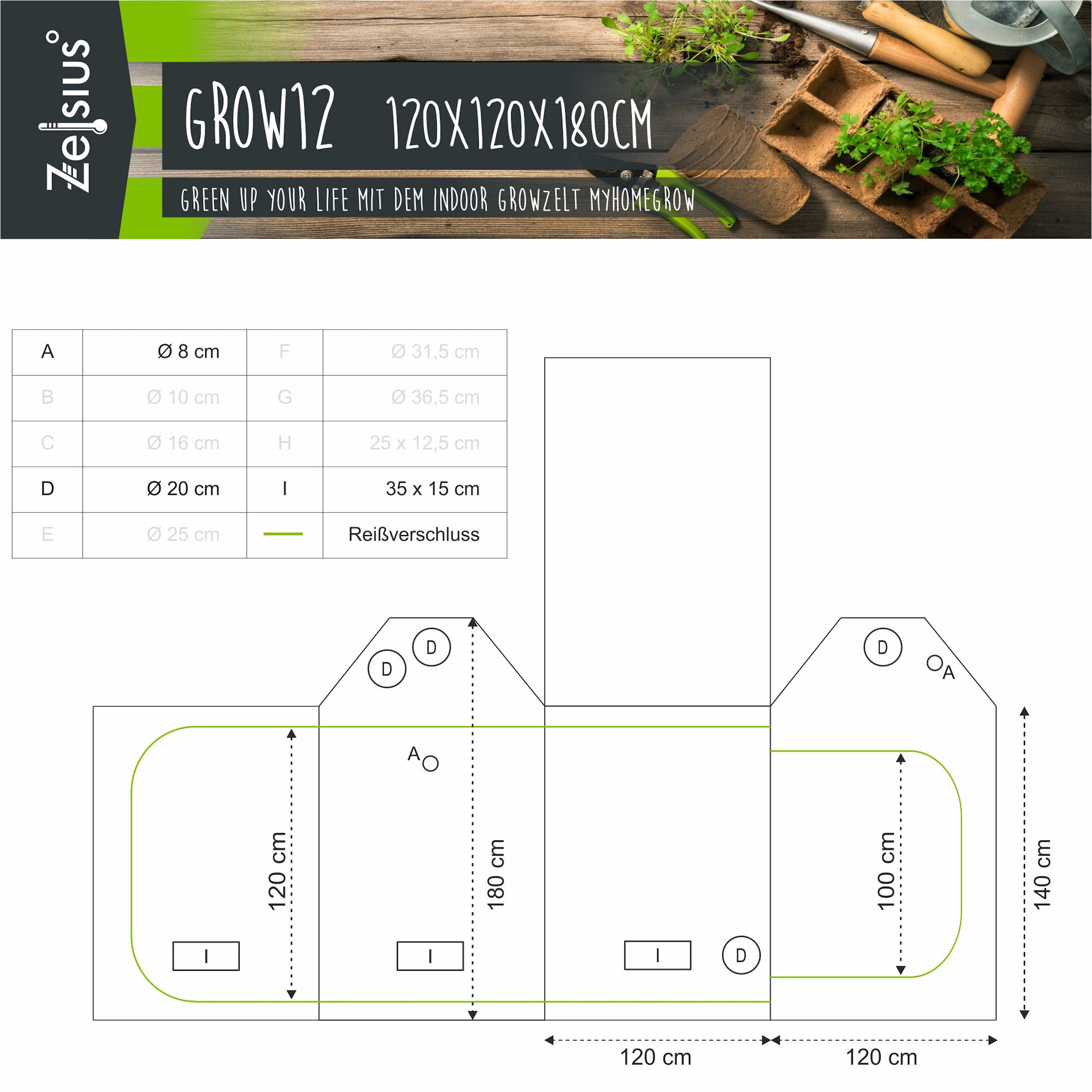Zuchtzelt, 120 x 120 x 180 cm, schwarz/grün, Pflanzenzucht Indoor