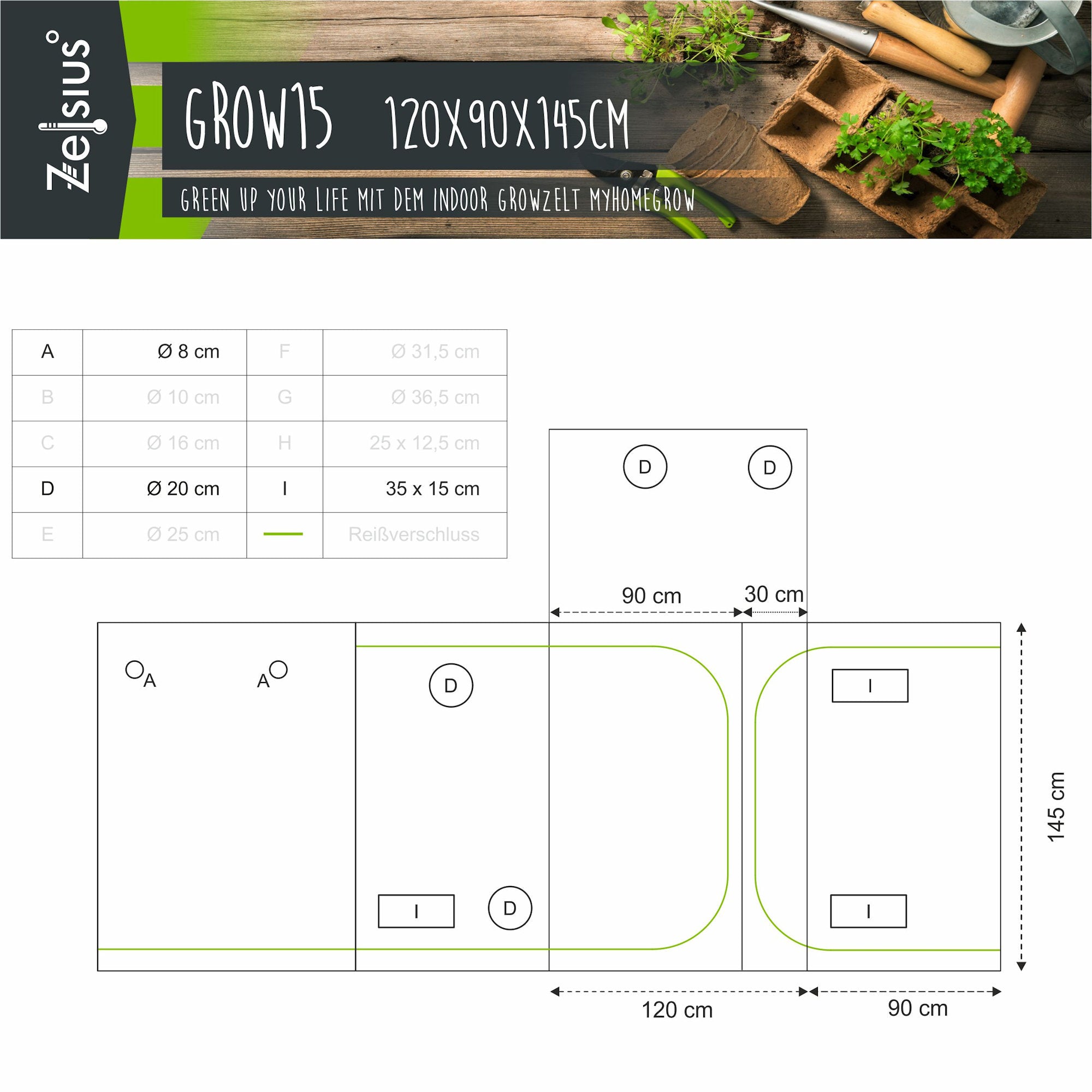 Zuchtzelt, 120 x 90 x 145 cm, schwarz/grün, Pflanzenzucht Indoor