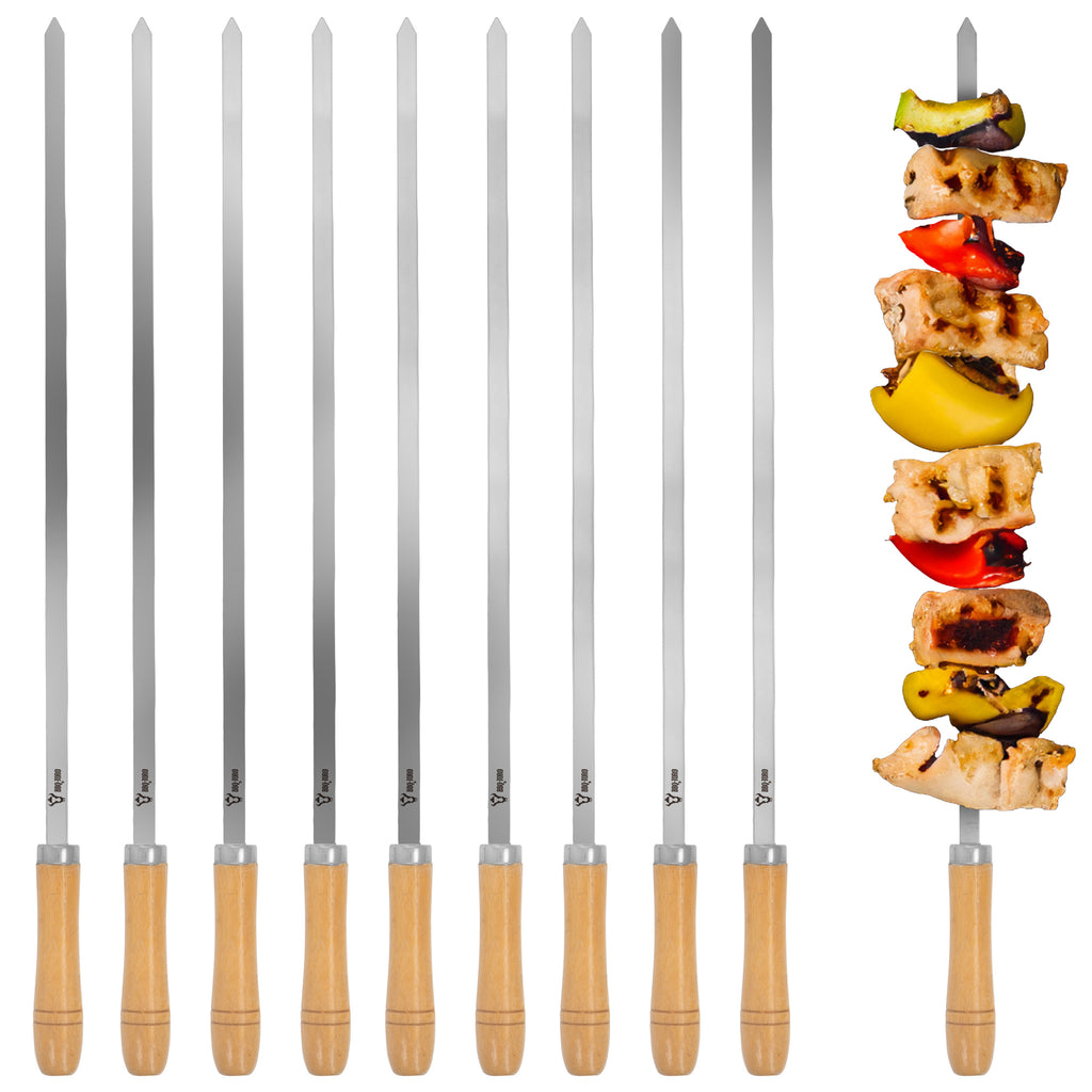 Brochettes pour barbecue, lot de 10, en acier inoxydable, avec manche en bois