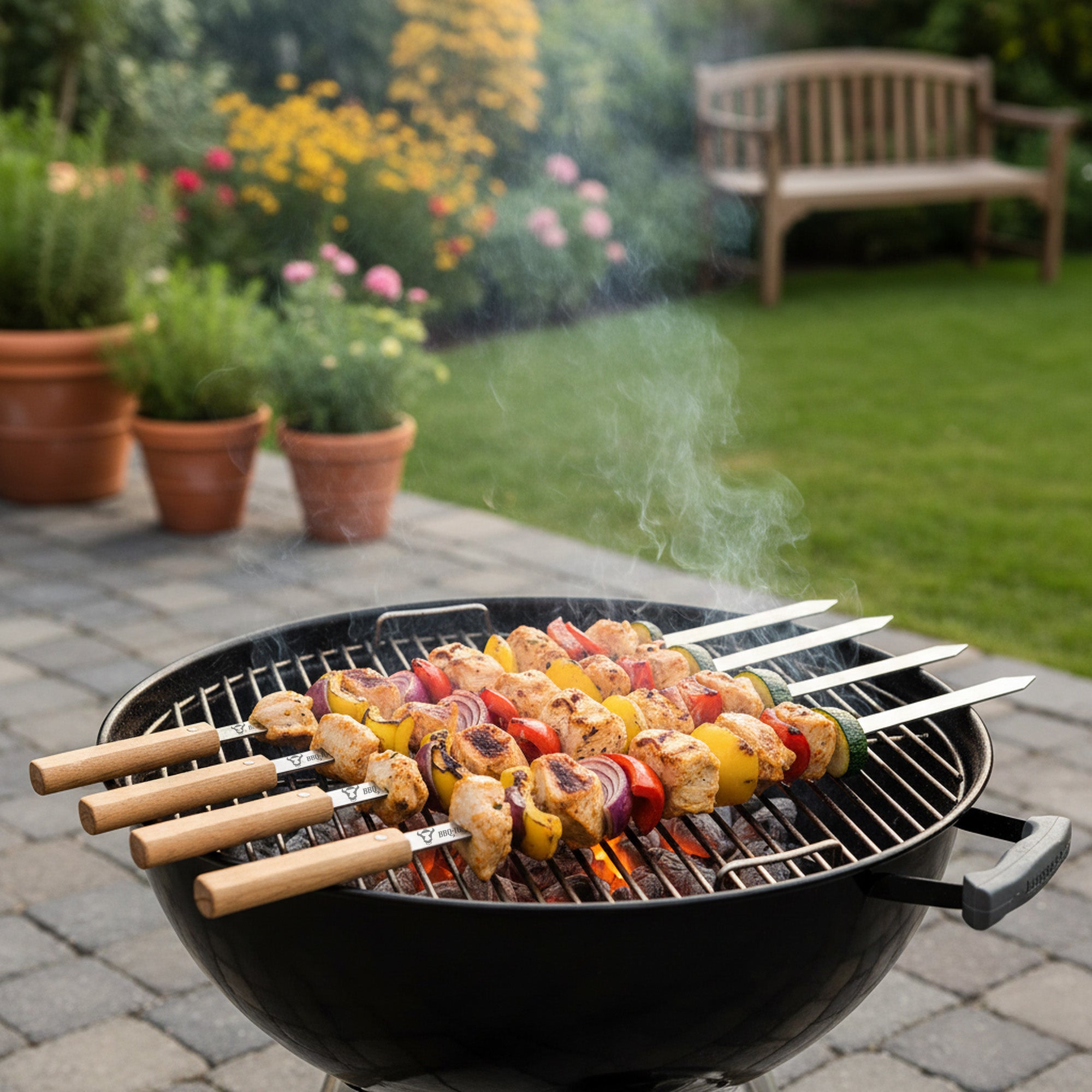 Brochettes pour barbecue, lot de 10, en acier inoxydable, avec manche en bois