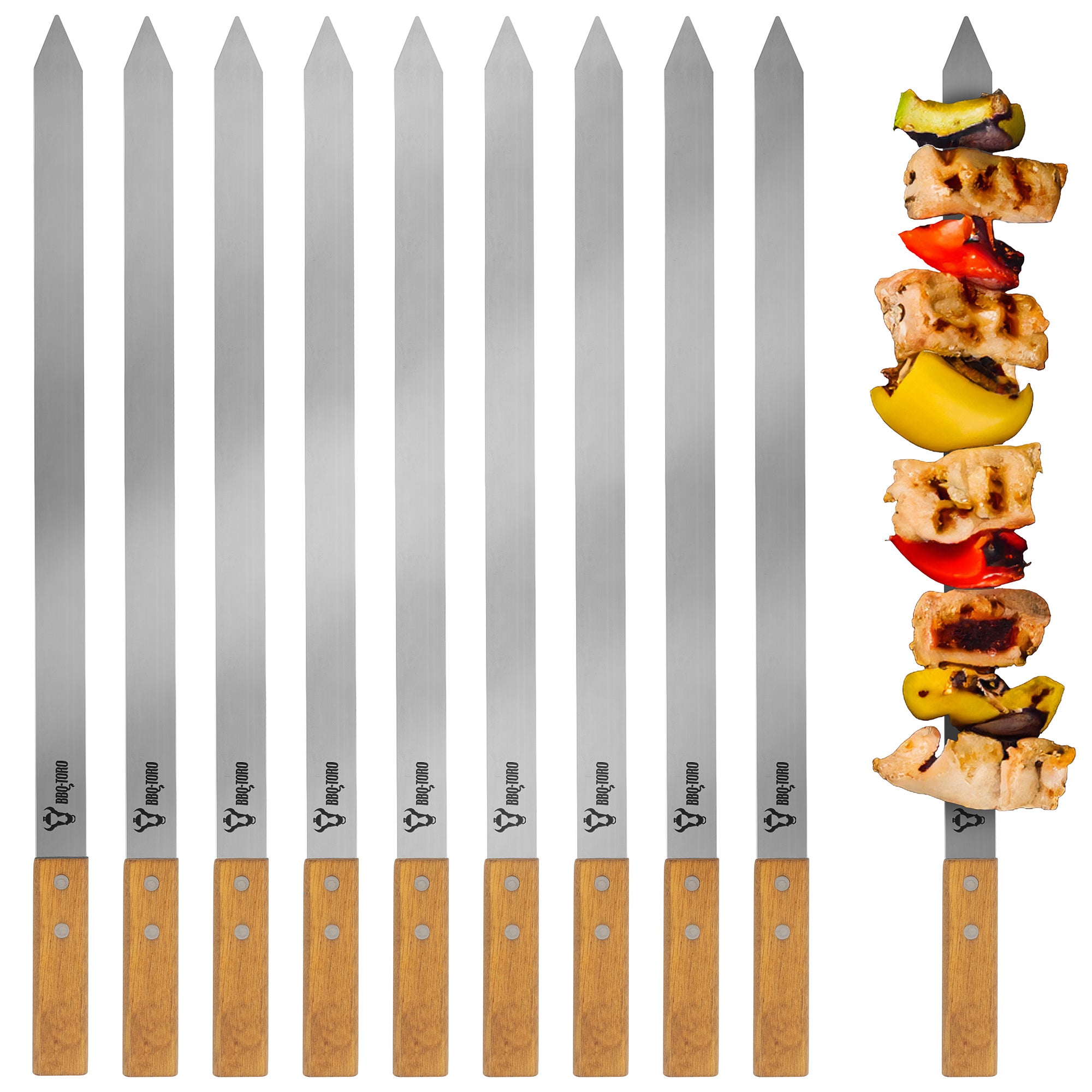 Brochettes pour barbecue, lot de 10, en acier inoxydable, avec manche en bois