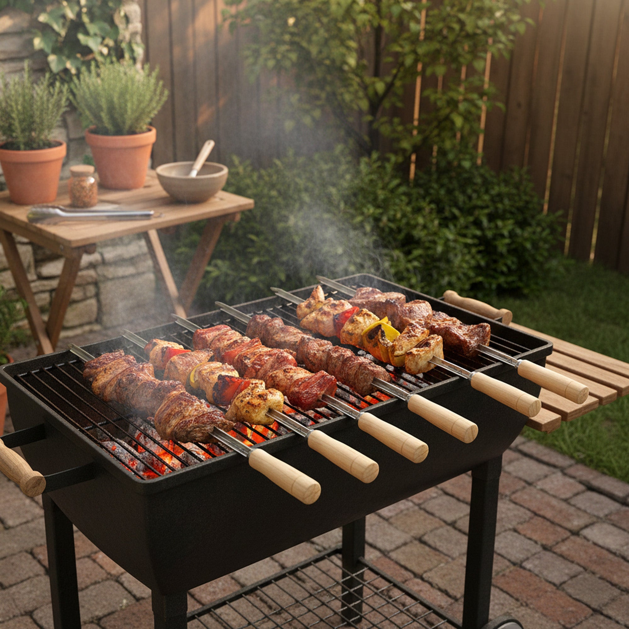 Brochettes pour barbecue, lot de 10, en acier inoxydable, avec manche en bois
