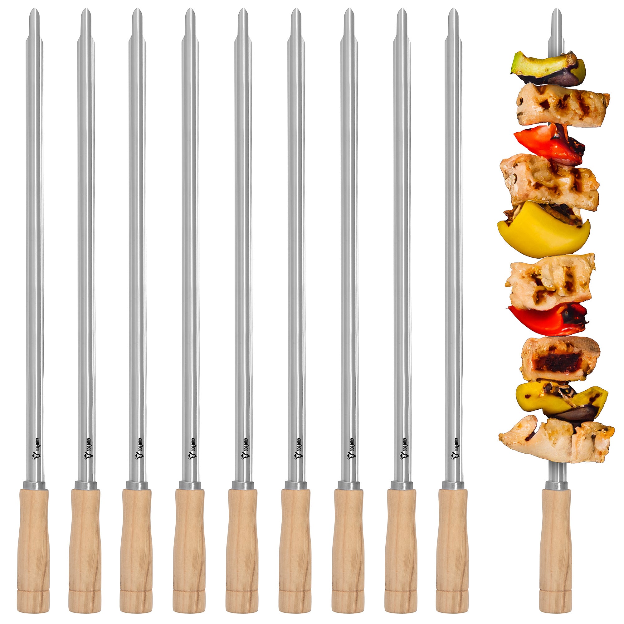 Brochettes pour barbecue, lot de 10, en acier inoxydable, avec manche en bois