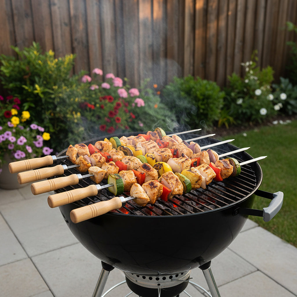 Brochettes pour barbecue, lot de 10, en acier inoxydable, avec manche en bois