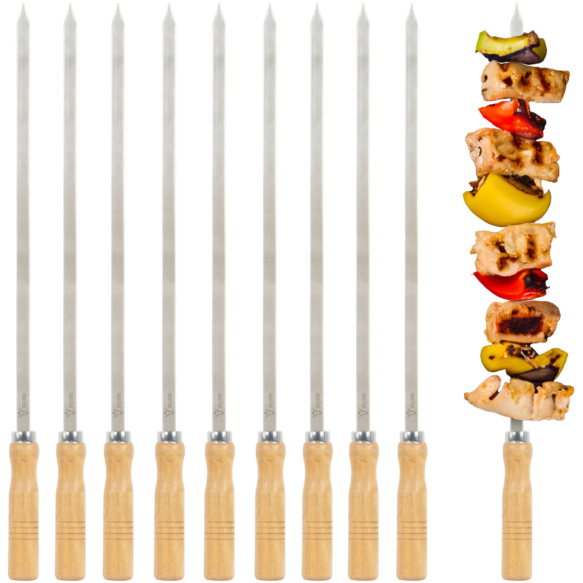 Brochettes pour barbecue, lot de 10, en acier inoxydable, avec manche en bois