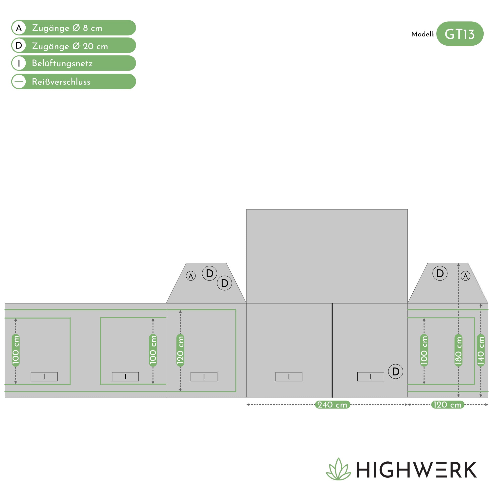 Tente de culture, 240 x 120 x 180 cm, noir/vert, pour la culture de plantes d'intérieur