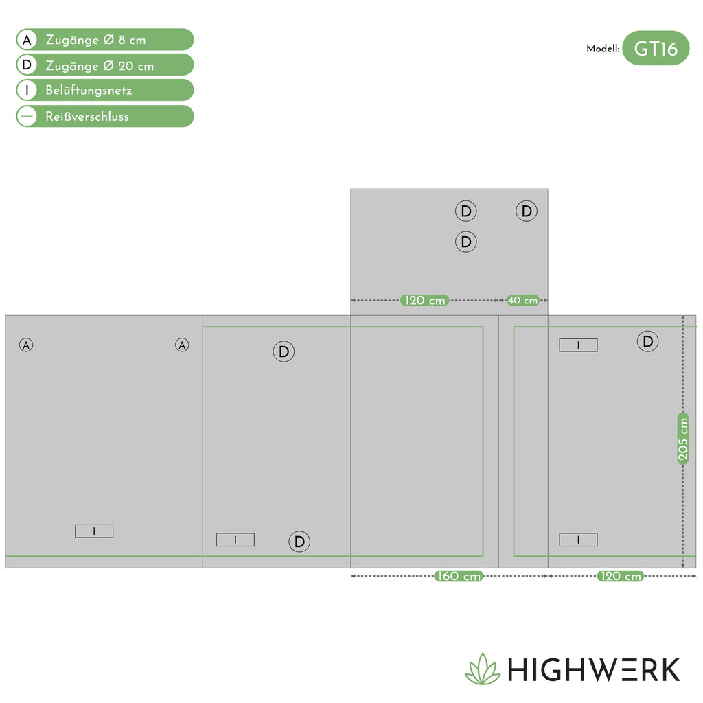 Tente de culture, 160 x 120 x 205 cm, noir/vert, pour la culture de plantes d'intérieur
