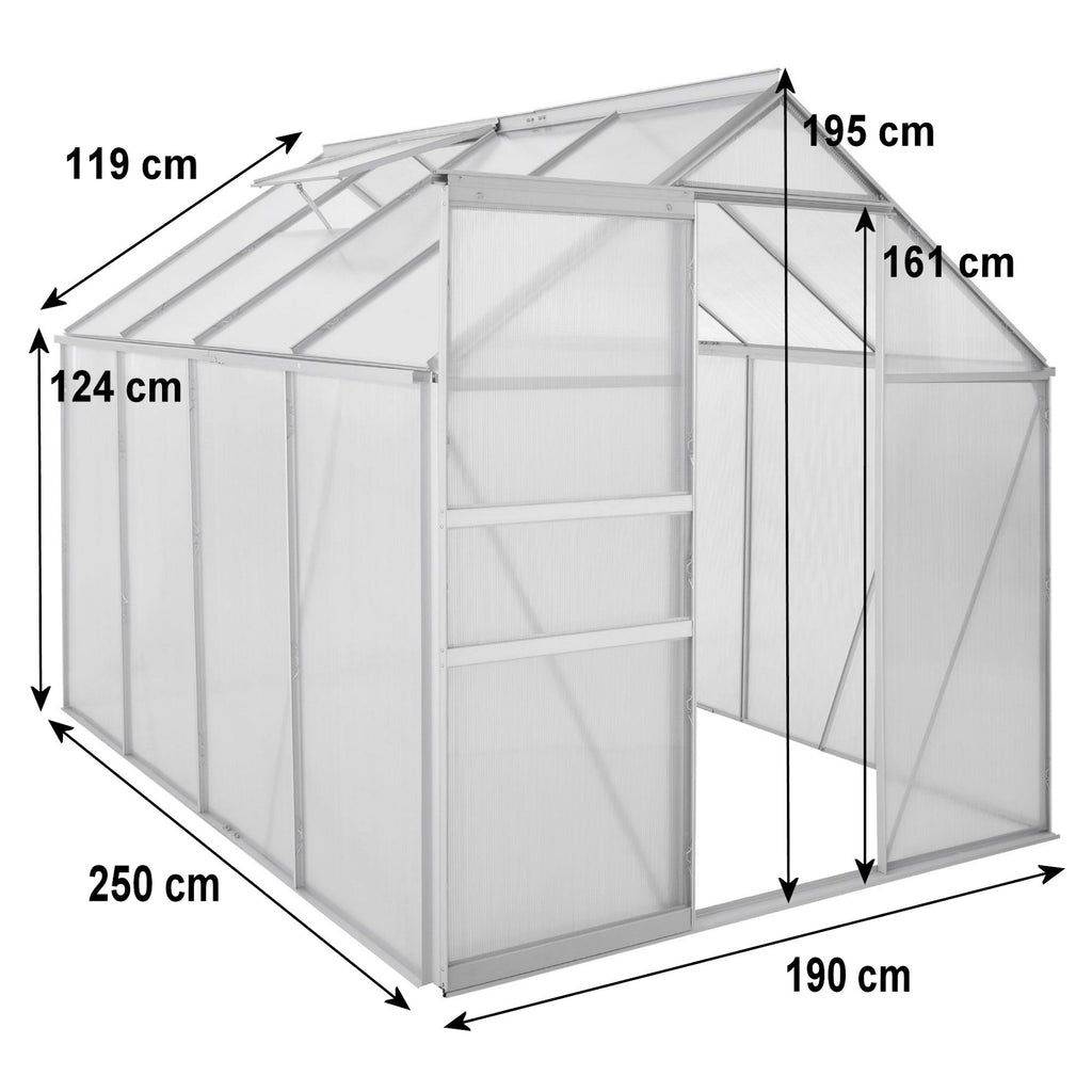 Serre, 250 x 190 cm, panneaux de 6 mm, 4,75 m², aluminium