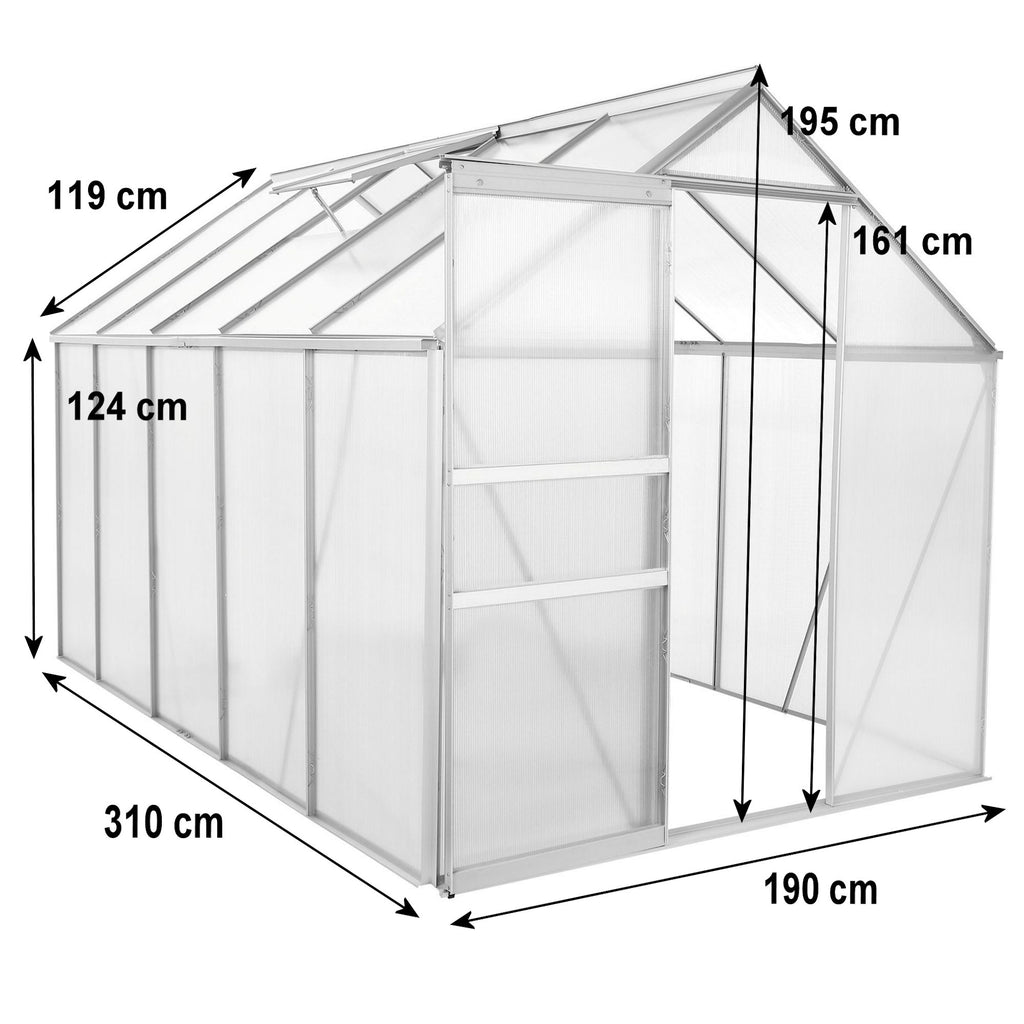 Serre, 310 x 190 cm, panneaux de 6 mm, env. 5,90 m², aluminium