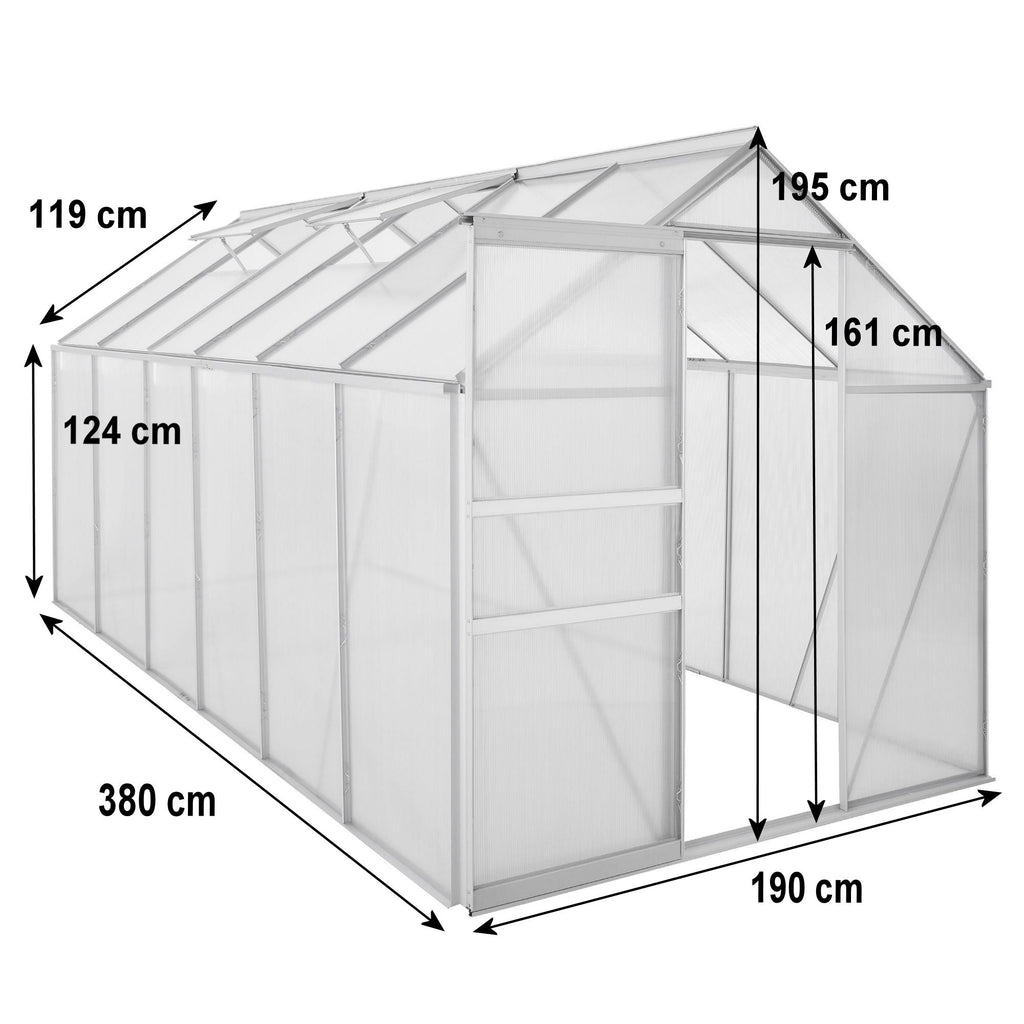 Serre, 380 x 190 cm, panneaux de 6 mm, 7,22 m², aluminium