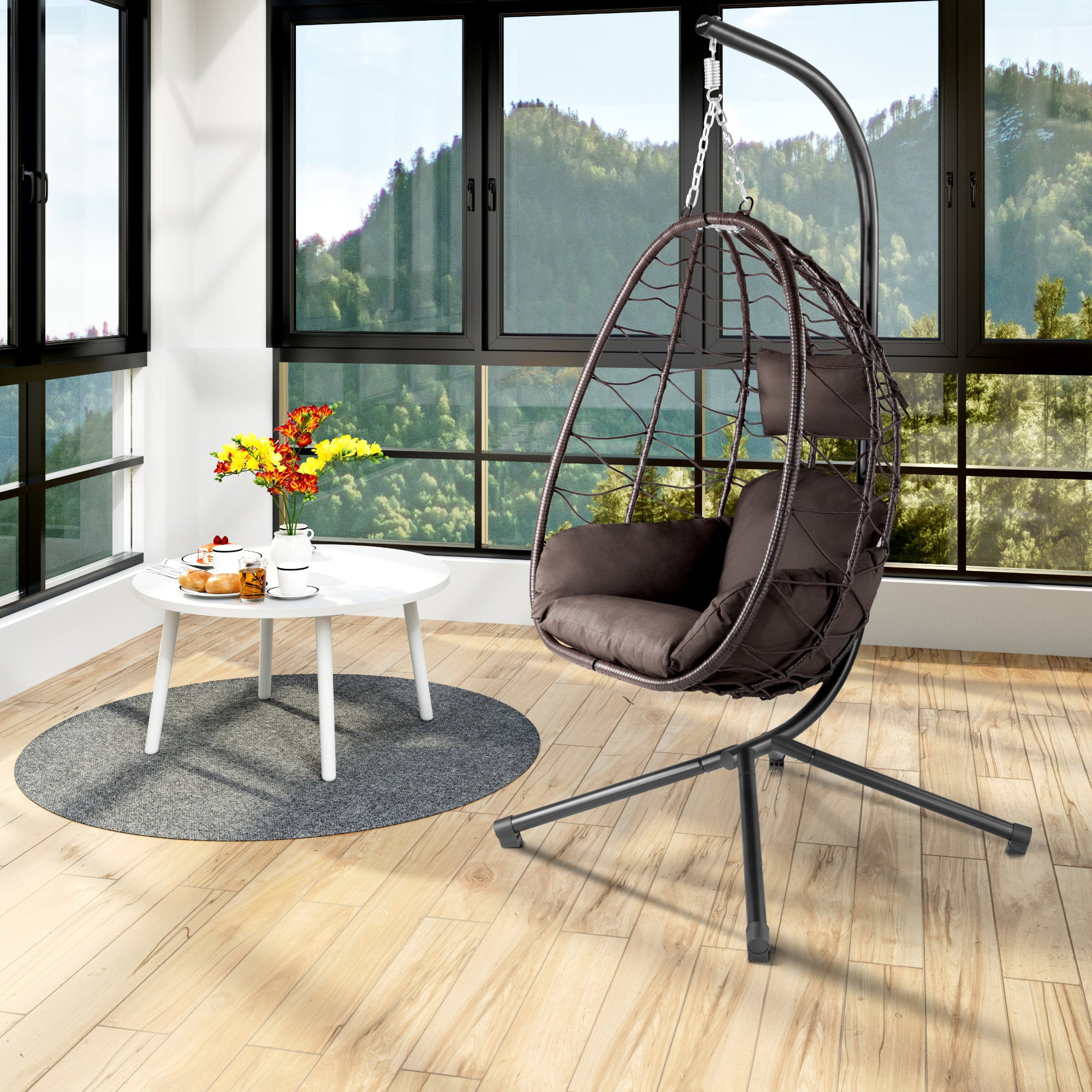 Fauteuil suspendu, assise ronde, structure comprise