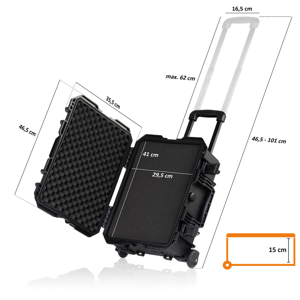 Transport case, 18 liters, including foam padding and wheels