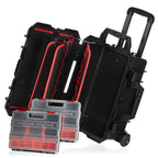 Valise de transport de 18 litres, comprenant un compartiment pour outils et des roues.
