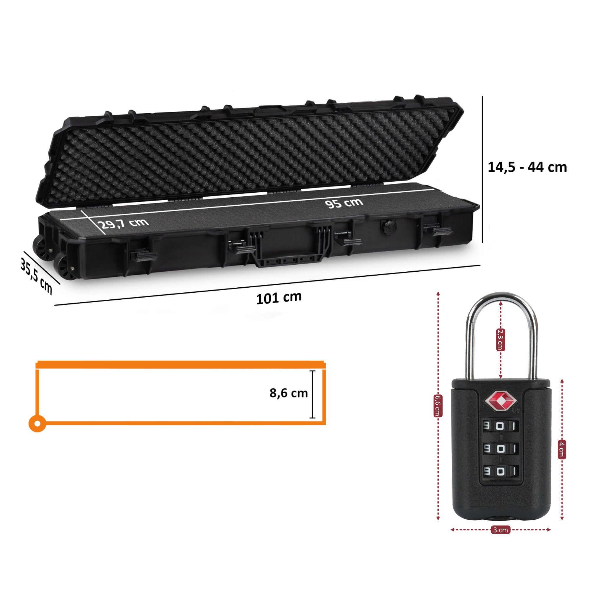 Gun case for long guns, 23.5 liters, including foam padding and TSA combination lock
