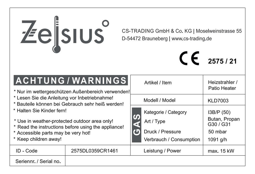 Gas Patio Heater "Davos", Ø 57 x 174 cm, 15 kW, incl. Glass Tube