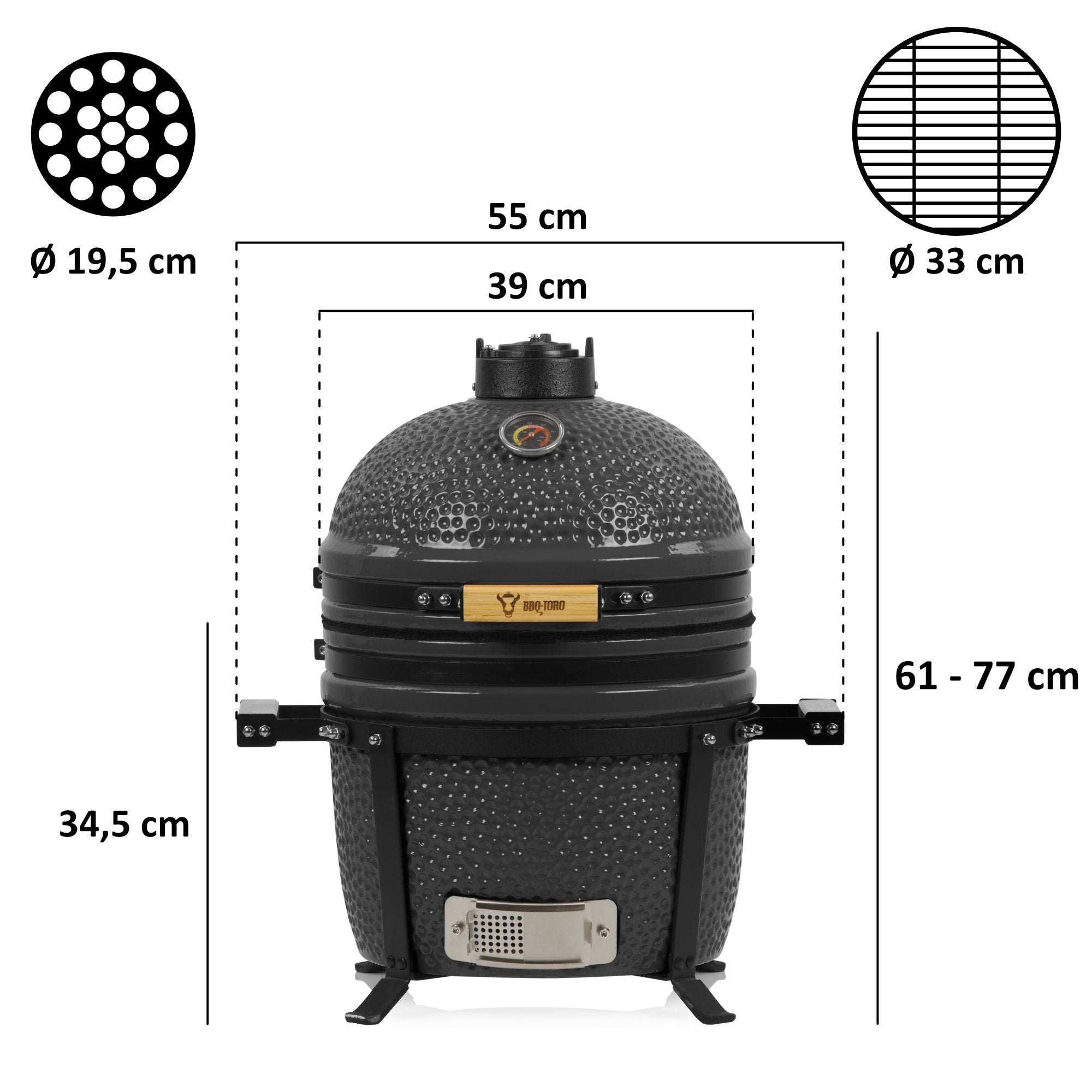 Barbecue à charbon Kamado « SHIRO », Ø 39 cm, avec thermomètre et poignées en bois