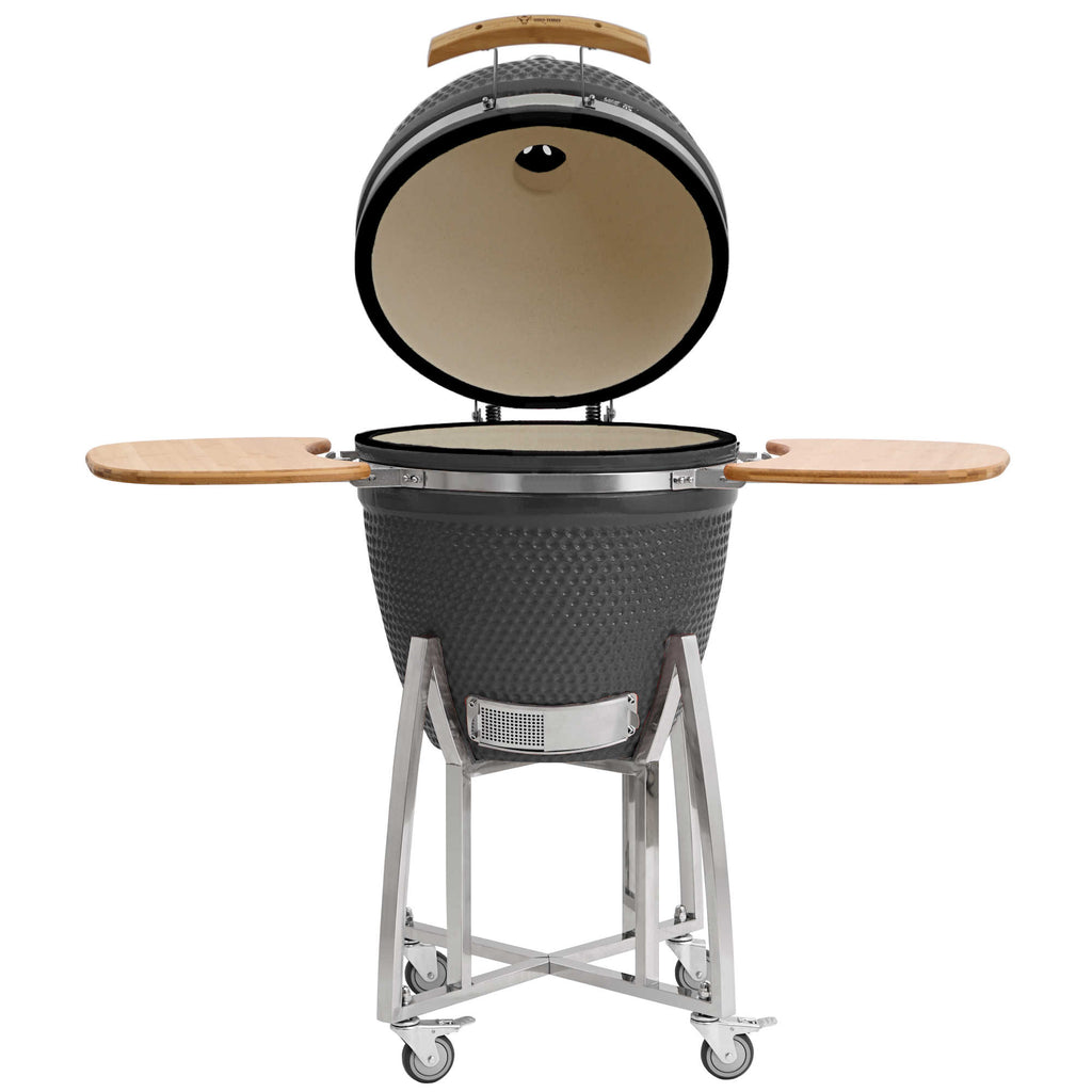 Barbecue à charbon de bois Kamado BBQ-Toro Ø 46 cm « KURO » avec étagère en bambou et thermomètre, gris