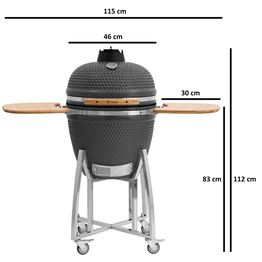Barbecue à charbon de bois Kamado BBQ-Toro Ø 46 cm « KURO » avec étagère en bambou et thermomètre, gris