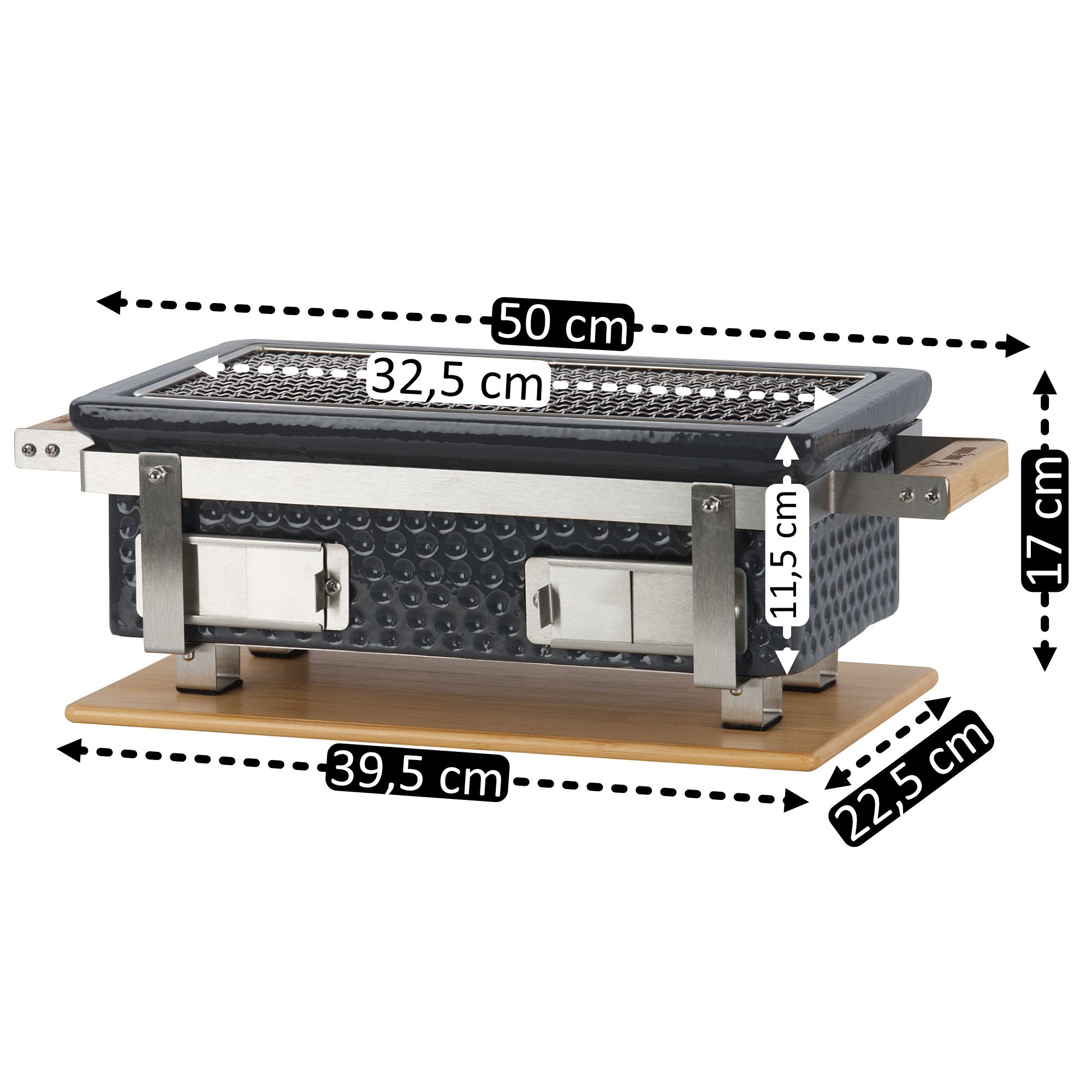 Barbecue de table au charbon de bois, en céramique, avec socle en bois.