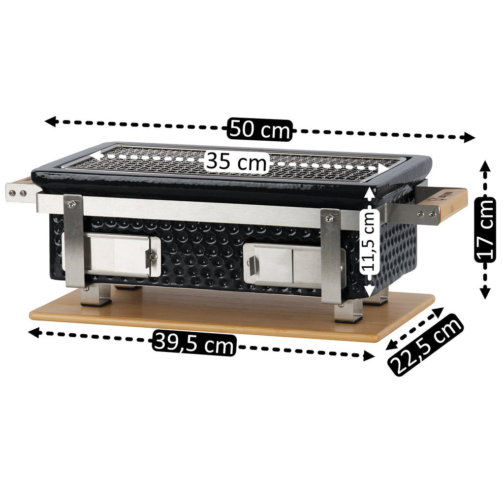 Holzkohletischgrill, Keramik, inkl. Holzunterlage