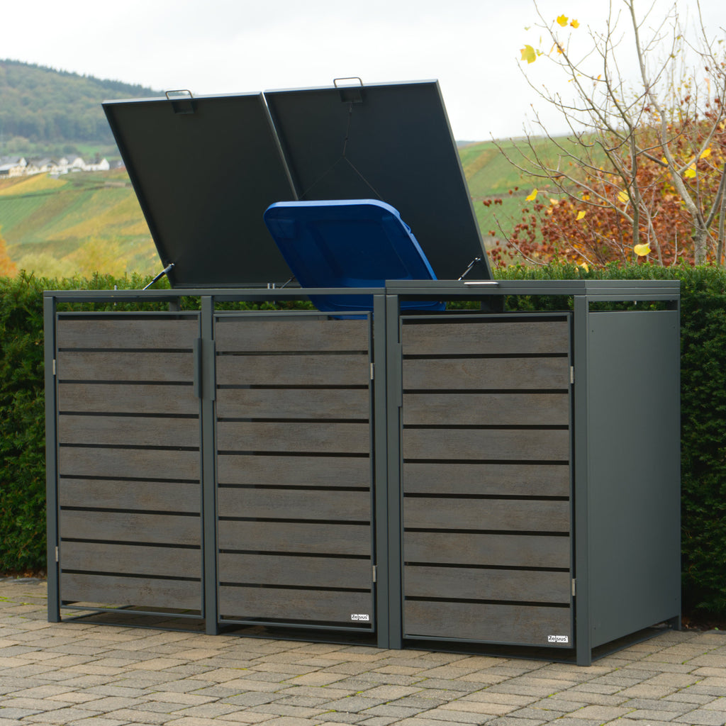 Ensemble de 4 poubelles, anthracite RAL 7016, porte aspect bois