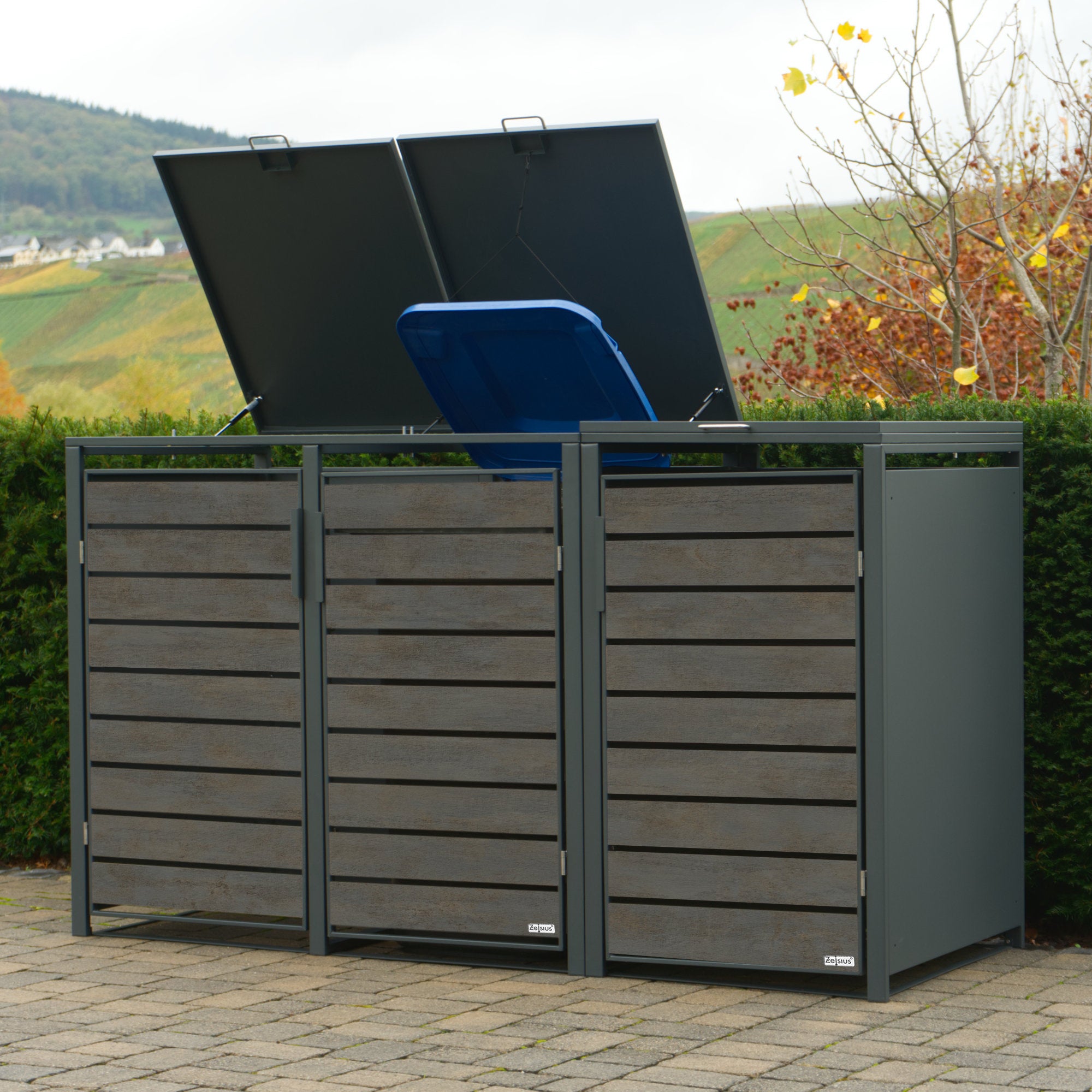 Ensemble de 4 poubelles, anthracite RAL 7016, porte aspect bois