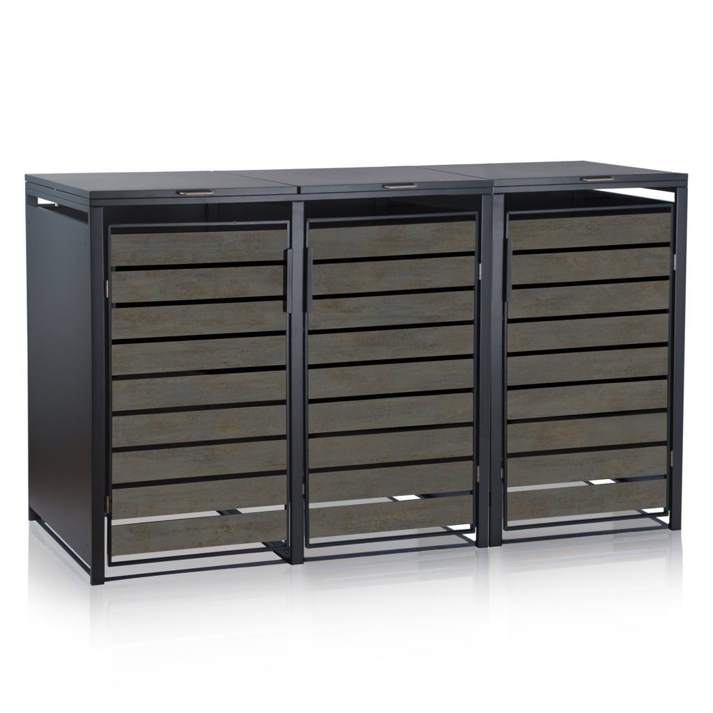 Ensemble de 3 poubelles, anthracite RAL 7016, porte imitation bois