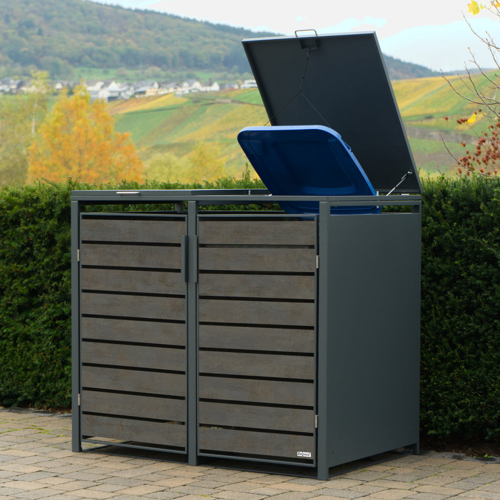 Ensemble de 4 poubelles, anthracite RAL 7016, porte aspect bois