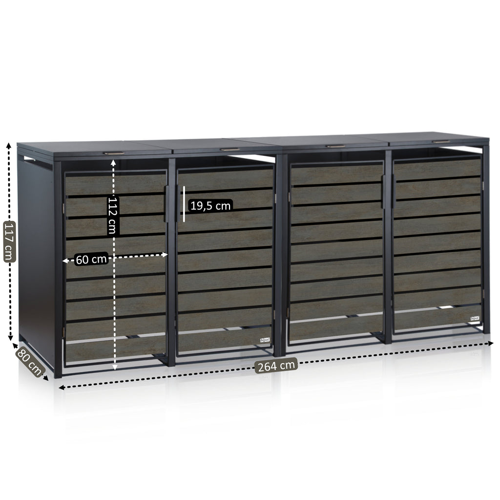 Ensemble de 4 poubelles, anthracite RAL 7016, porte aspect bois