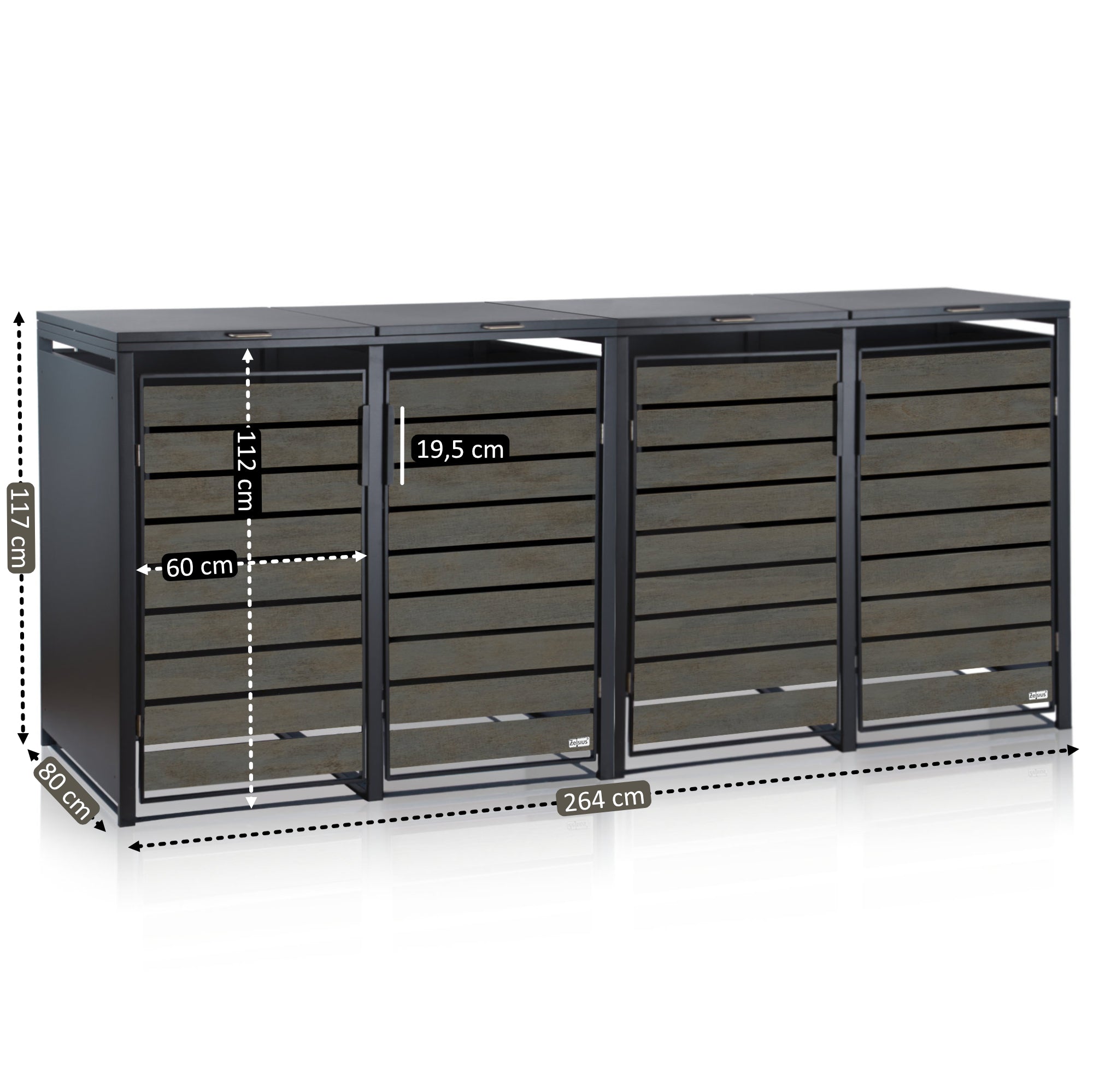 Ensemble de 4 poubelles, anthracite RAL 7016, porte aspect bois