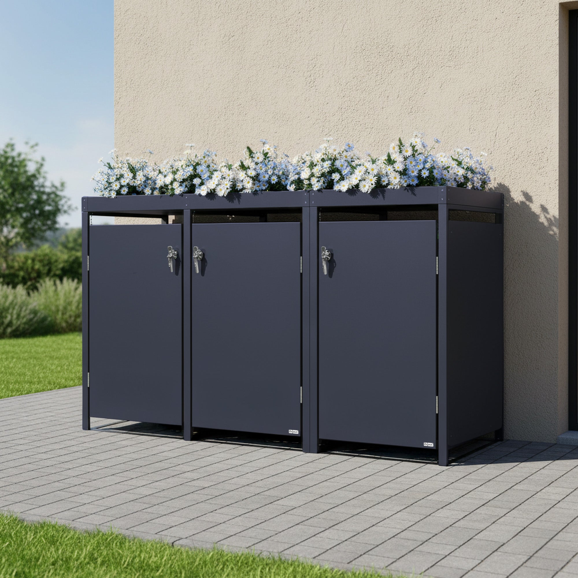 Bin storage unit, set of 3, anthracite RAL 7016, including green roof