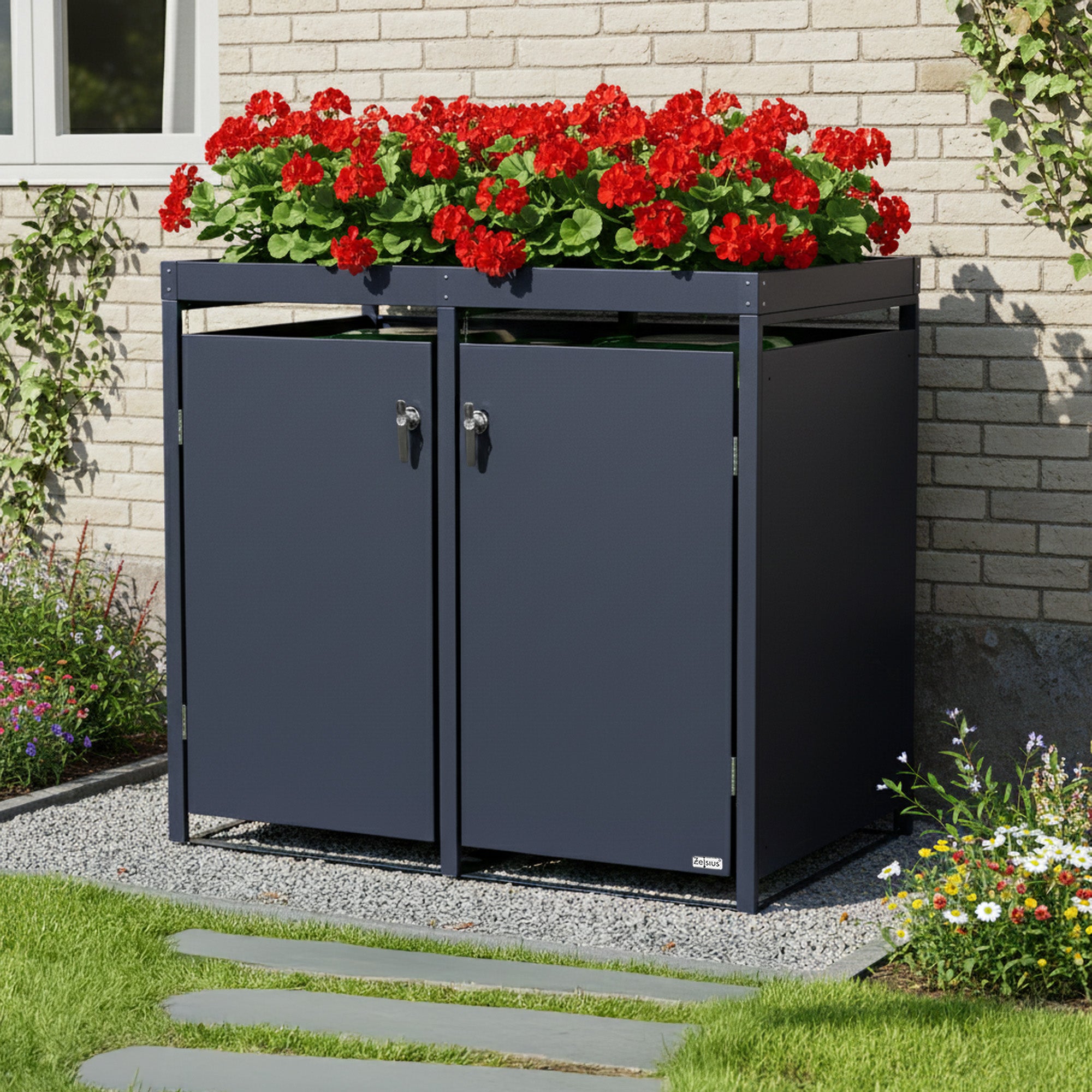 Bin storage box, set of 2, anthracite RAL 7016, including green roof