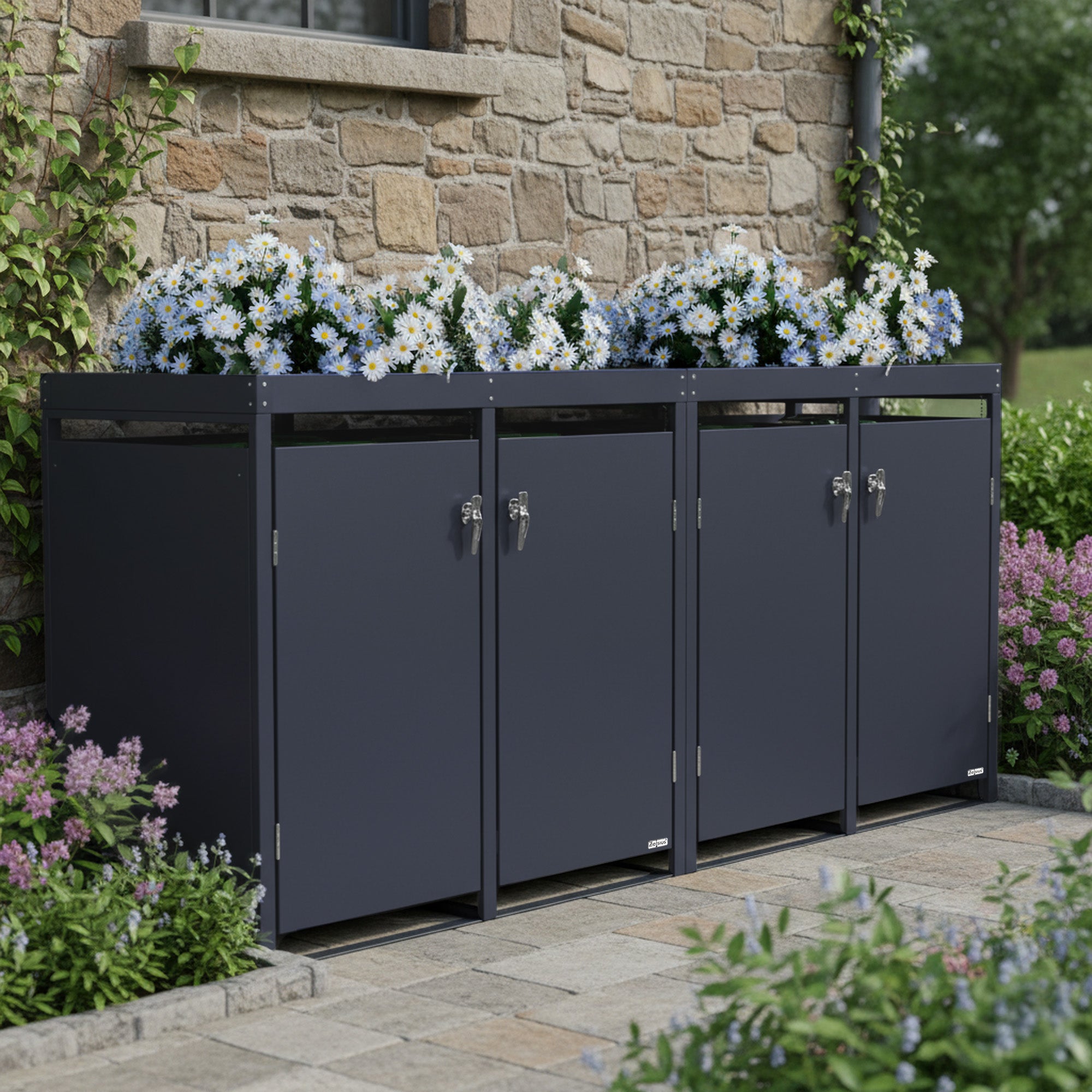 Bin storage unit, set of 4, anthracite RAL 7016, including green roof